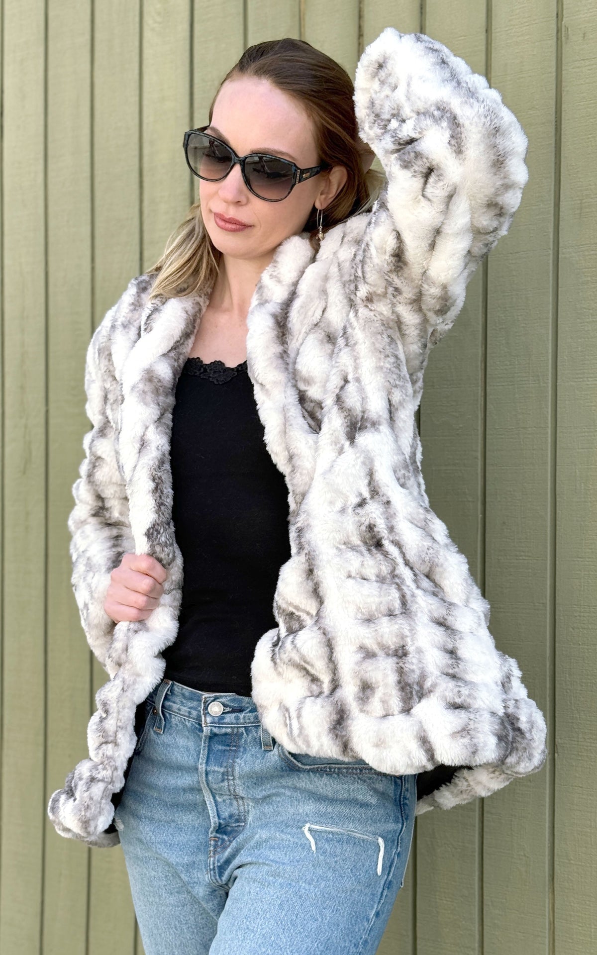 Model poising in Cardi coat in Aspen  Faux Fur | Handmade in Seattle, WA USA by Pandemonium Millinery