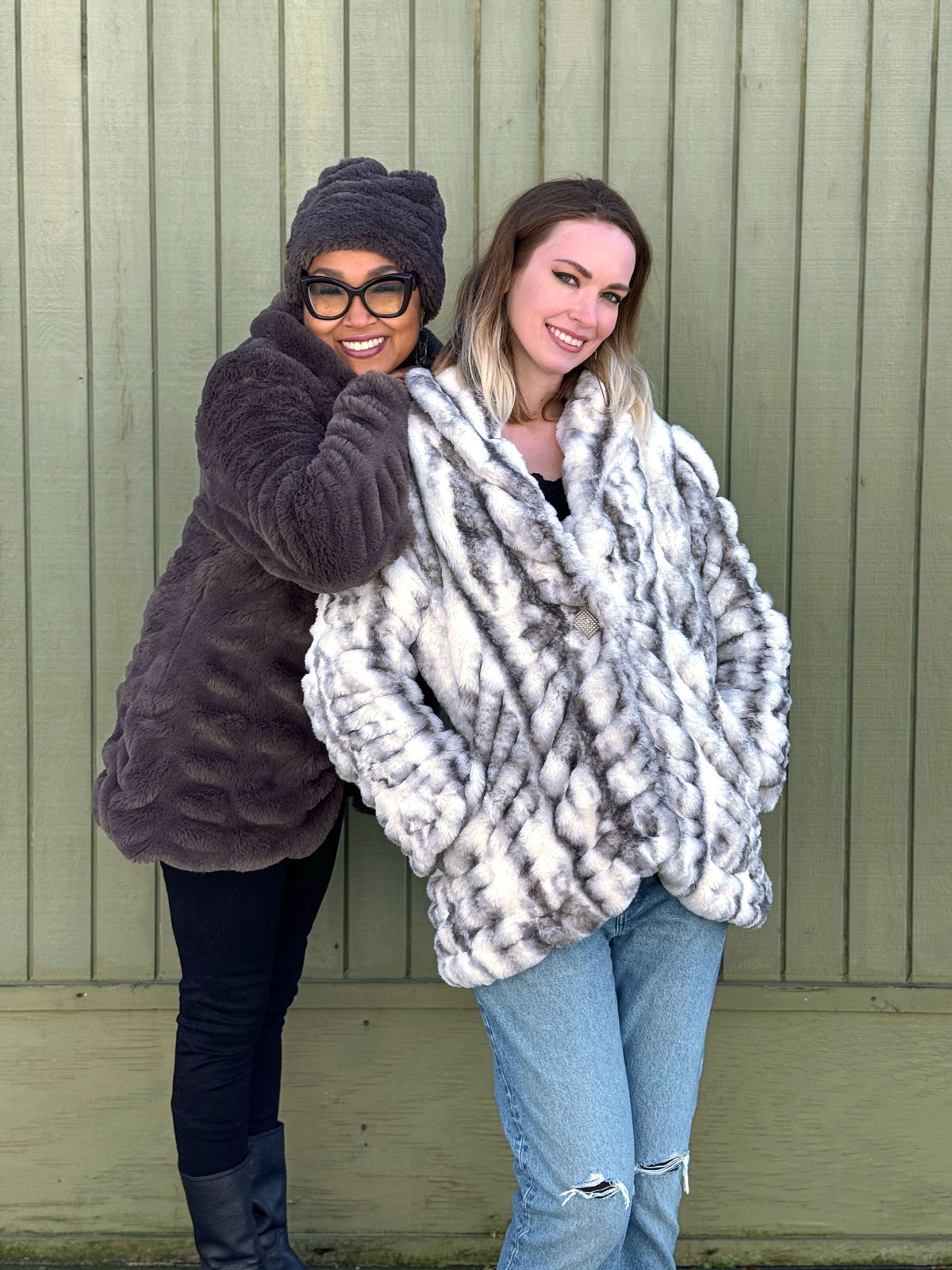 Two Models posing Product shot of Cardi coat in Aspen and Mink Gray Faux Fur | Handmade in Seattle, WA USA by Pandemonium Millinery