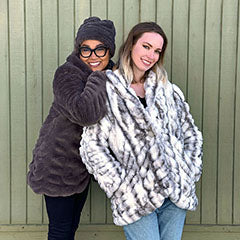 women wearing plush faux fur Cardi coats in shades of gray and white handmade in USA by Pandemonium Seattle