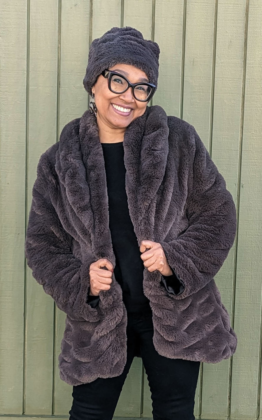 Model Posing in shot of Cardi Coat in Mink Gray  Faux Fur | Handmade in Seattle, WA USA by Pandemonium Millinery