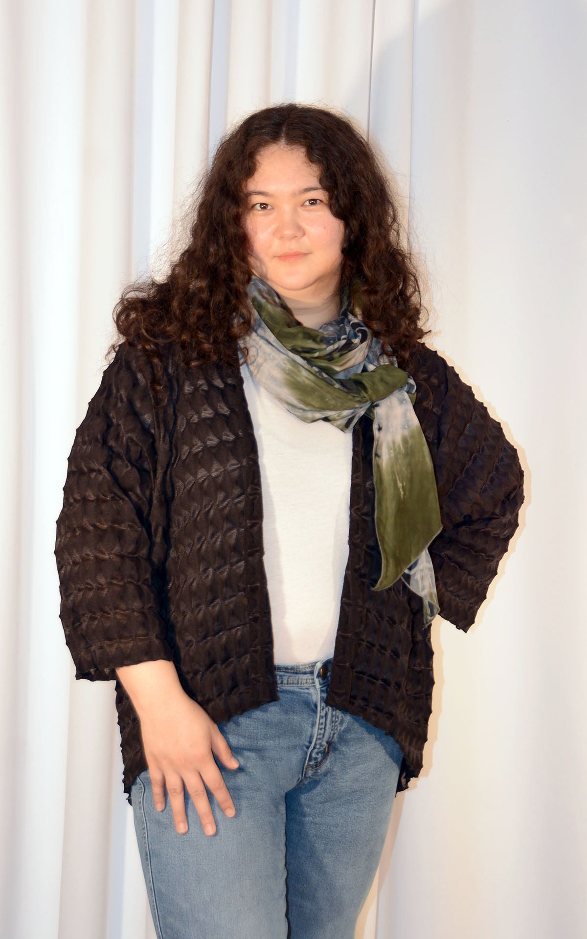 Model wearing Handkerchief Scarf in Sencha Green, with Cardigan in Fractal Black. LYC by Pandemonium is handmade in Seattle, WA, USA.