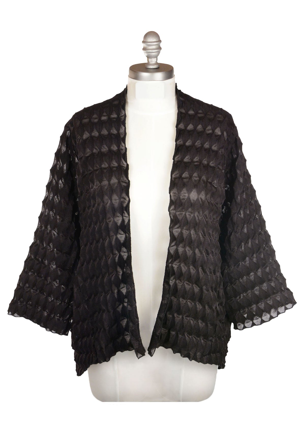 Product photo of the Fractal Collection Black Cardigan, front view. LYC by Pandemonium is handmade in Seattle, WA, USA.