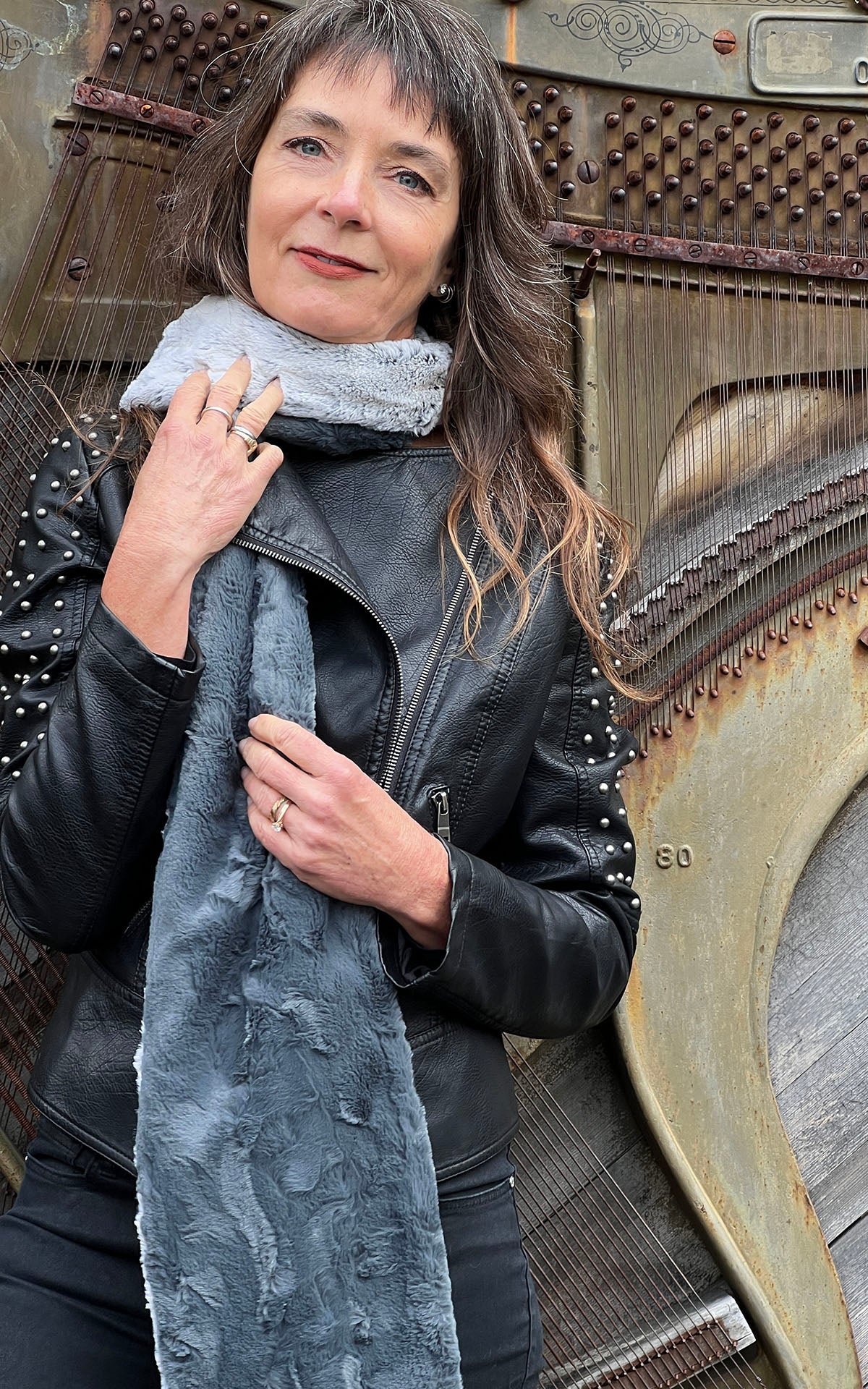 Model wearing Classic Scarf | Frosted Juniper Faux Fur with Cuddly Slate | Handmade in the USA by Pandemonium Millinery