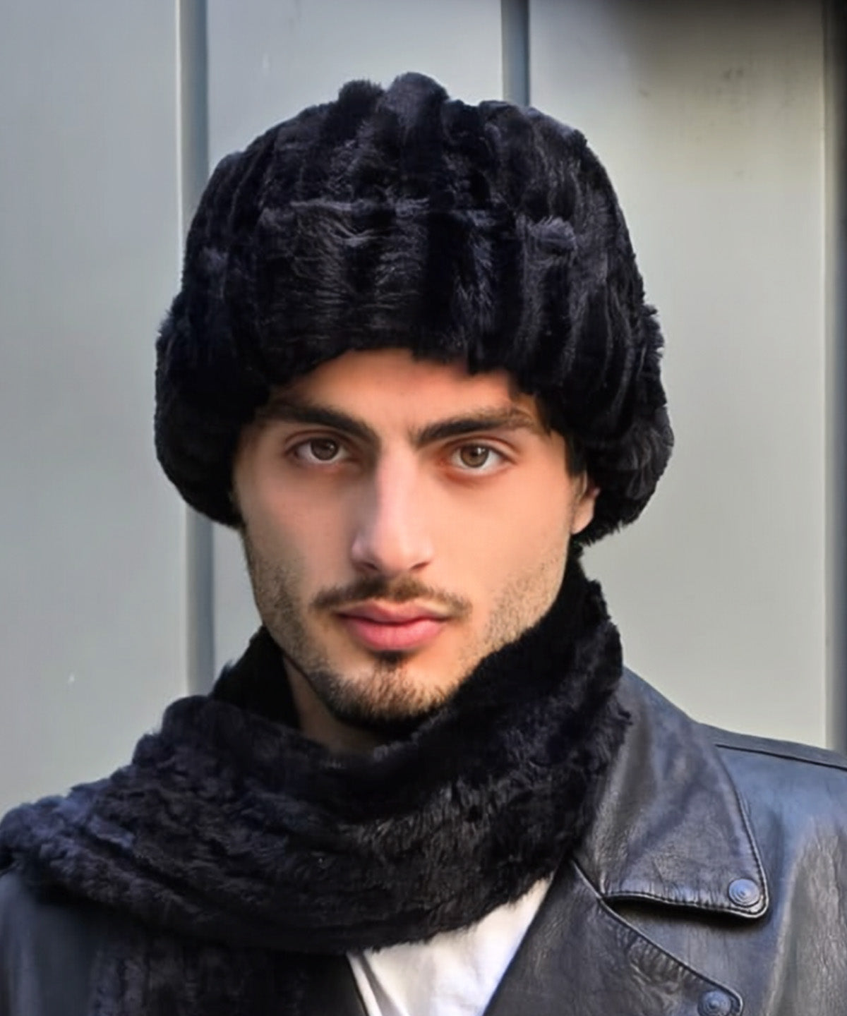 Headshot of model wearing a Men's Beanie Hat | Cirrus Faux Fur in Shadow | Handmade in Seattle, WA, USA | By Pandemonium MIllinery