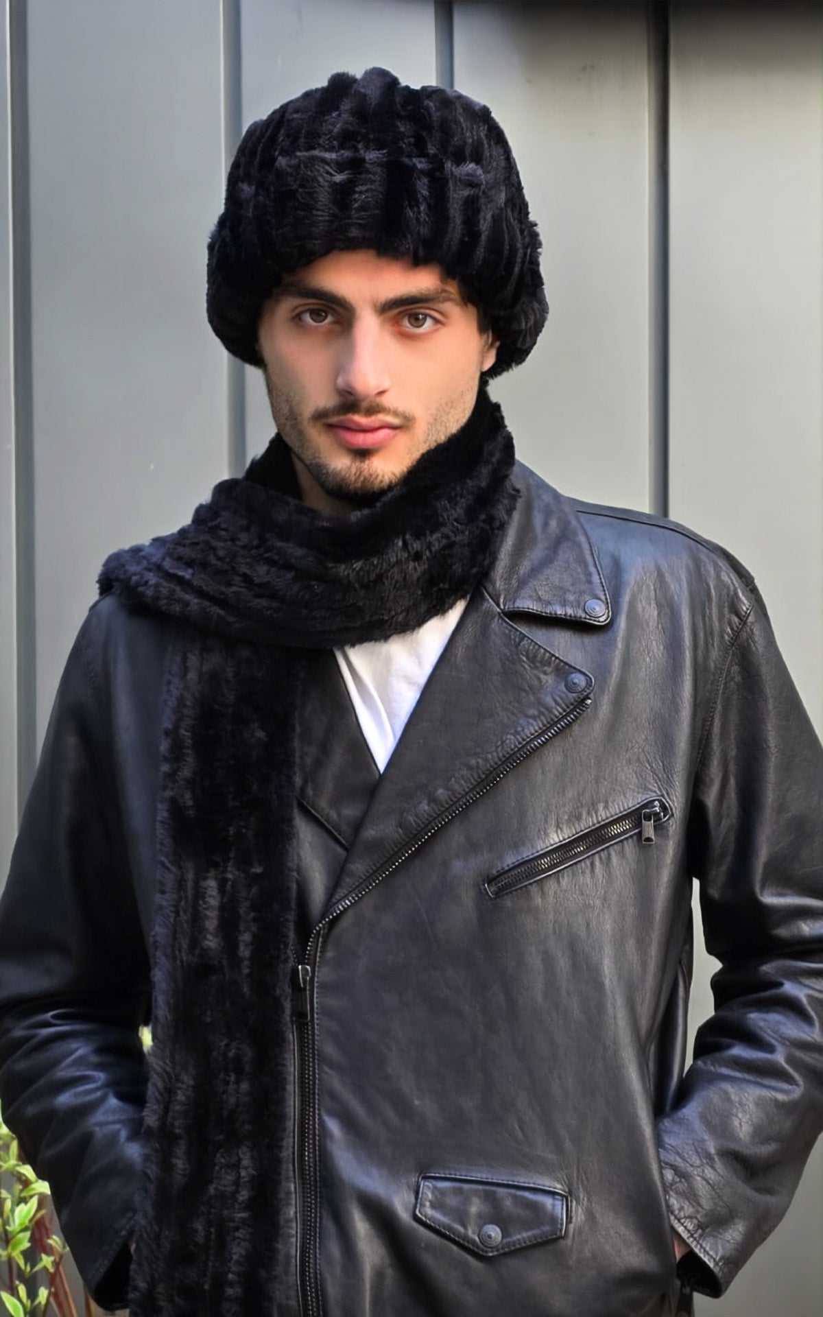 Headshot of model wearing a Men's Beanie Hat | Cirrus Faux Fur in Shadow | Handmade in Seattle, WA, USA | By Pandemonium MIllinery