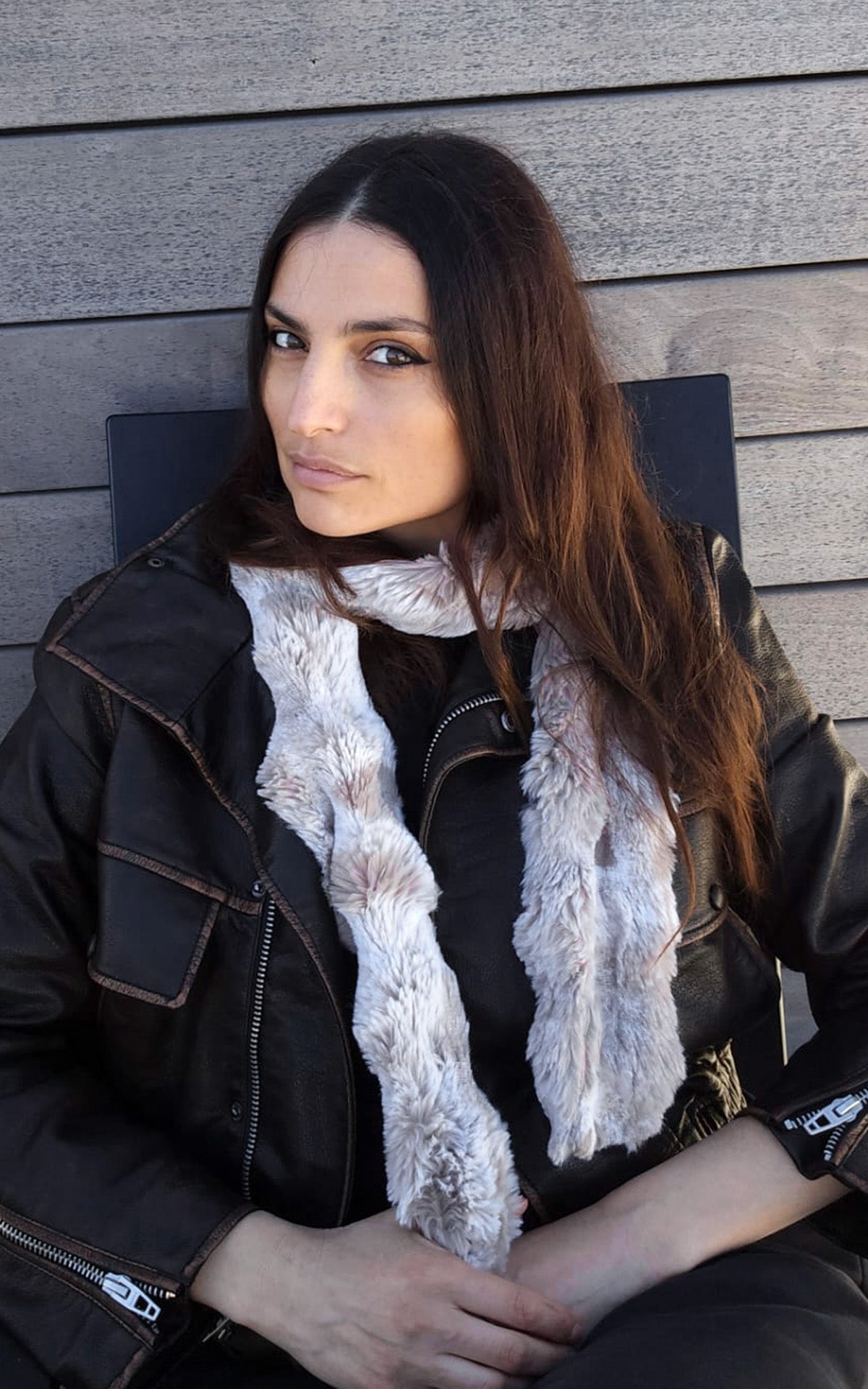 Model wearing Skinny Scarf | Cloudwalk Faux Fur in Honey| Handmade in Seattle, WA USA