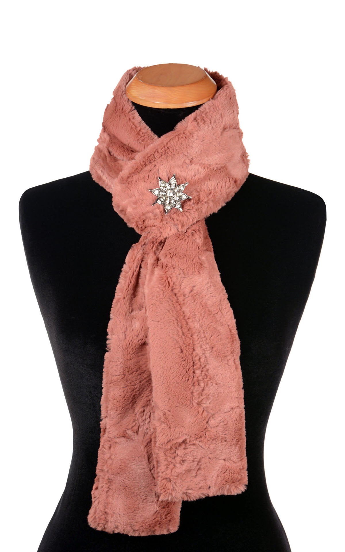 Classic Skinny Women's Scarf with rhinestone brooch in Cuddly Copper River Faux Fur in by Pandemonium Millinery
