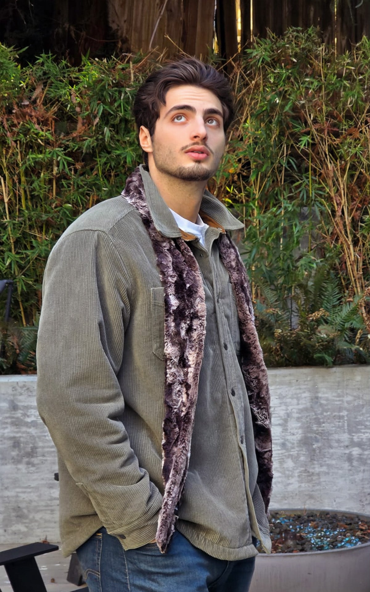 Sive view of a model wearing Skinny Scarf | Cloudwalk Faux Fur in Honey | Handmade in Seattle, WA USA