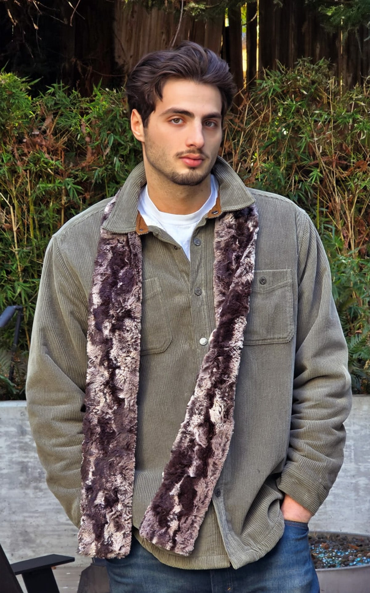 Model wearing Skinny Scarf | Cloudwalk Faux Fur in Honey| Handmade in Seattle, WA USA