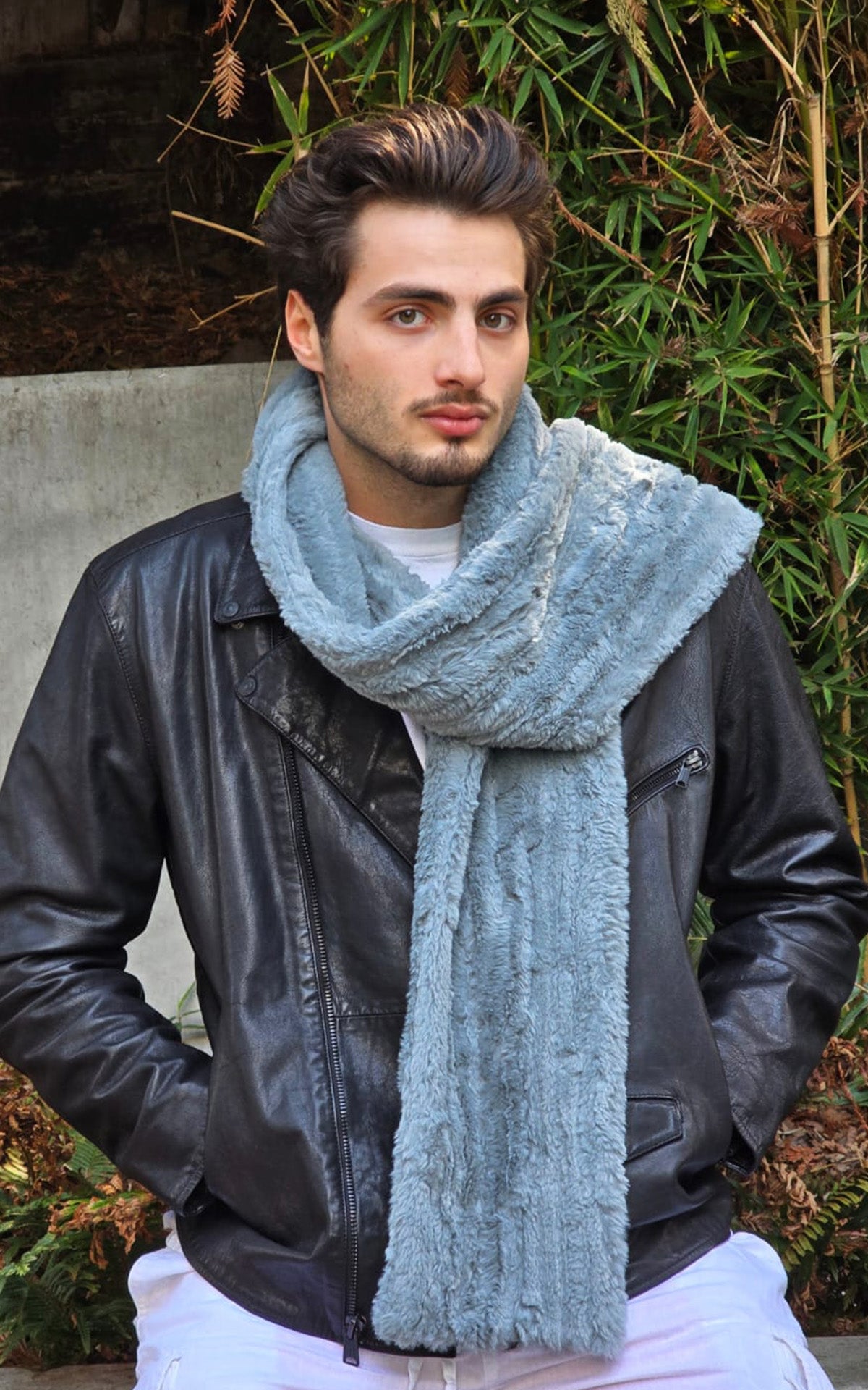 Model wearing Scarf | Cirrus in Blue Mist Faux Fur | Handmade in Seattle, WA, USA | By Pandemonium MIllinery