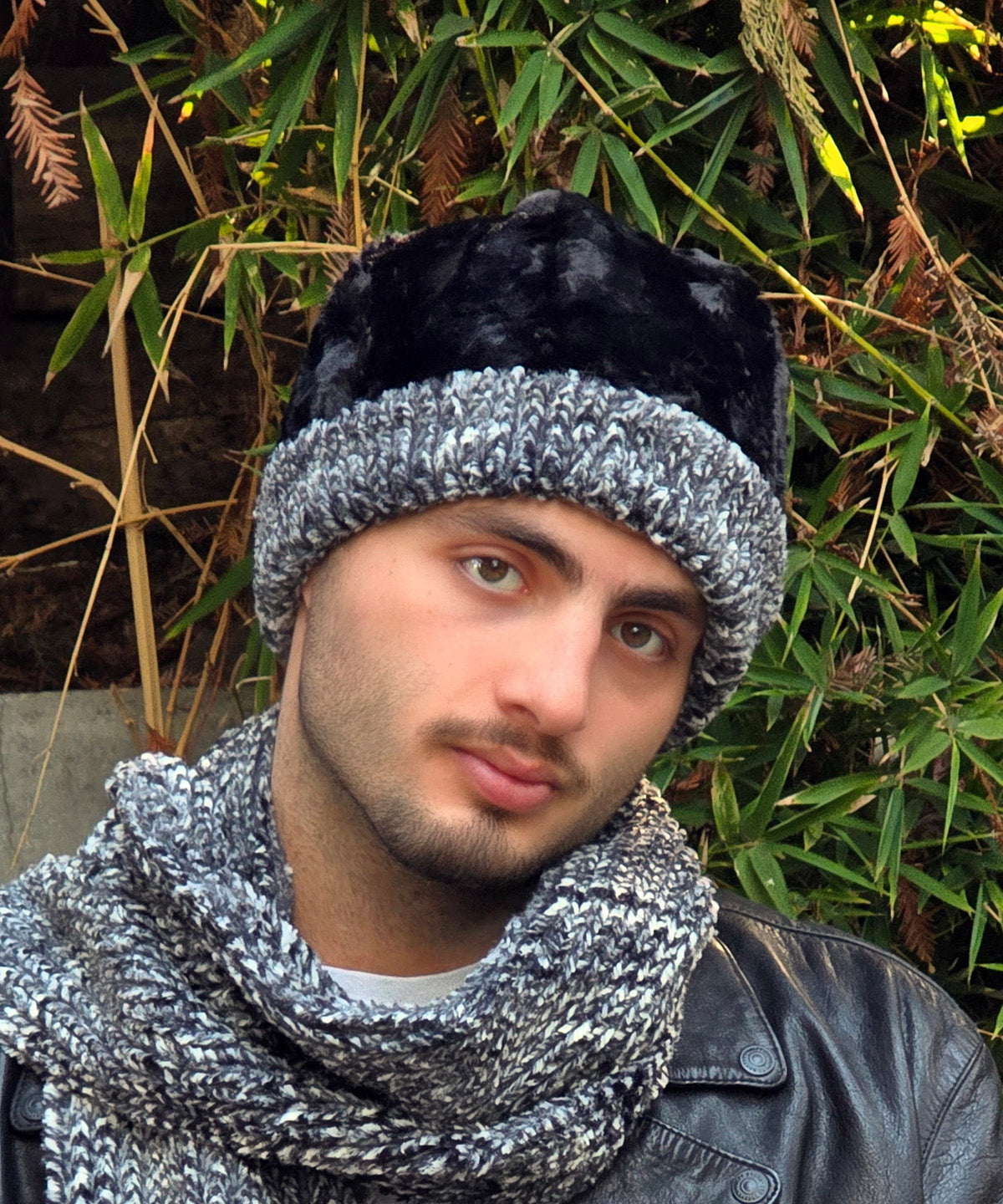 Model wearing a Men's Reversible Beanie | Cozy Cable Faux Fur, Reversed | Handmade in Seattle, WA, USA | By Pandemonium MIllinery