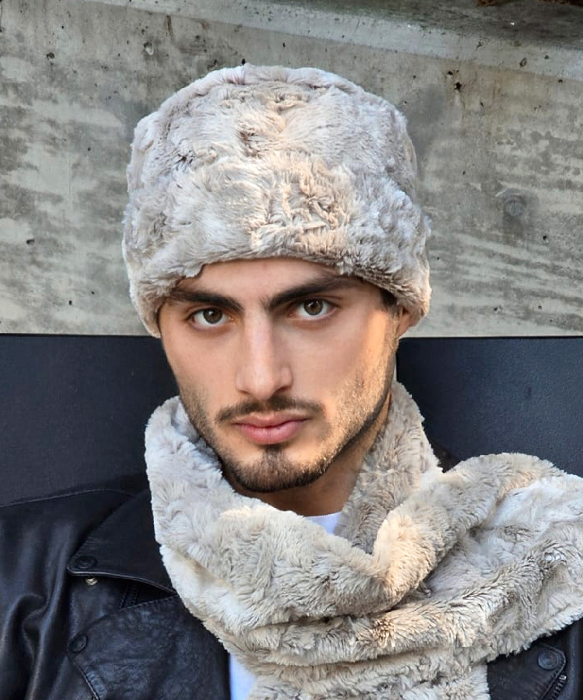 Man wearing Cuffed Pillbox | Cafè Au Lait Faux Fur | Front View | Featuring Matching Scarf |  Handmade in Seattle WA USA | By Pandemonium  