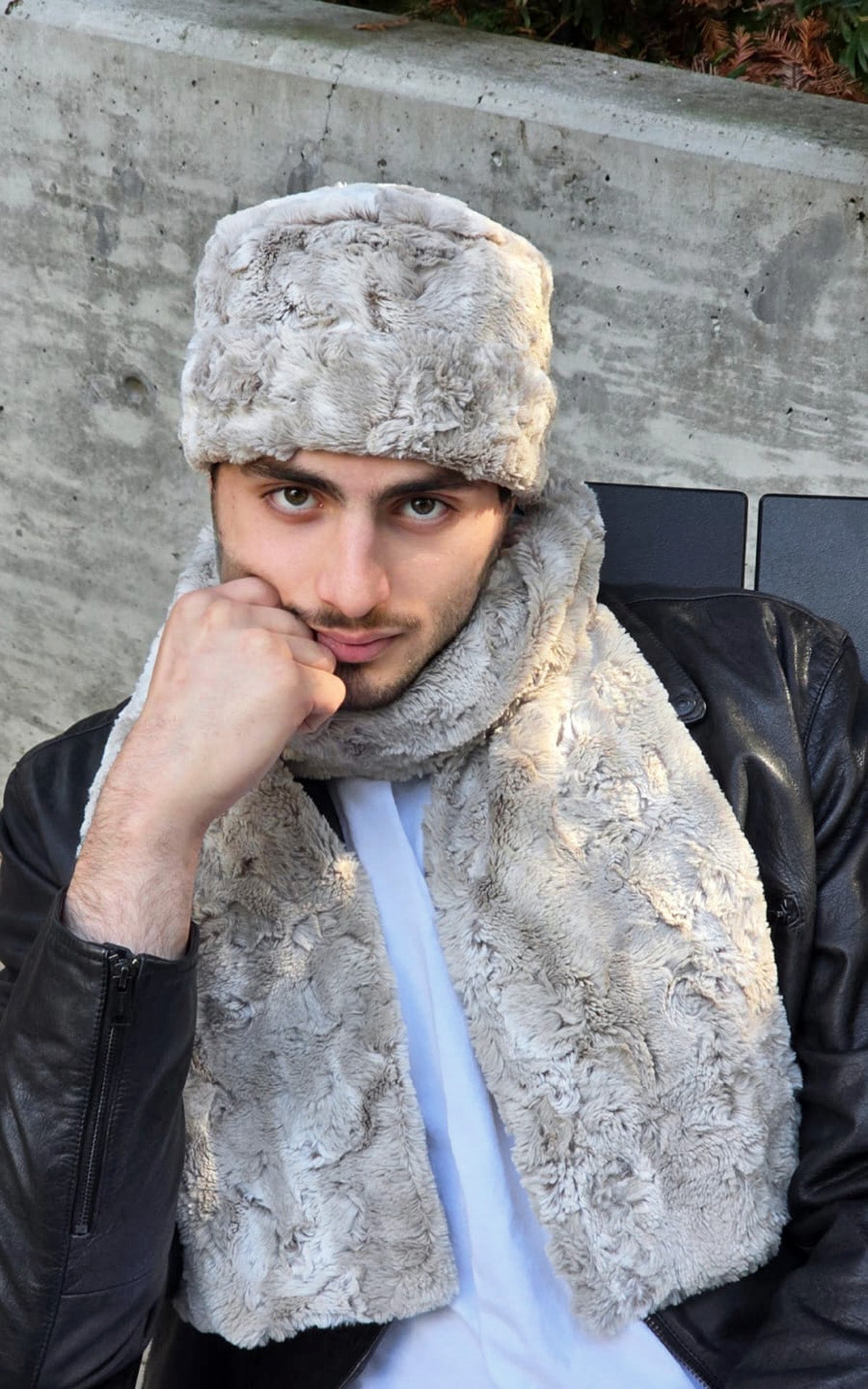 Man wearing Classic Scarf | Cafè Au Lait Faux Fur | Featuring matching Cuffed Pillbox | Handmade in Seattle WA USA | By Pandemonium  