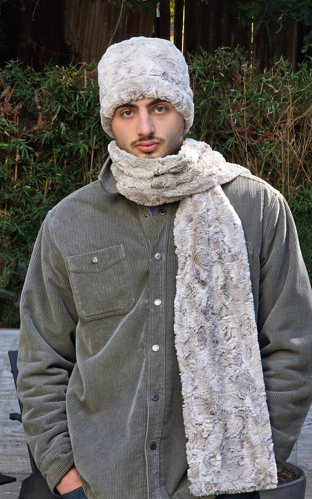 Model standing wearing a Classic Scarf | Luxury Faux Fur Cafè Au Lait | Handmade in Seattle WA USA | By Pandemonium  