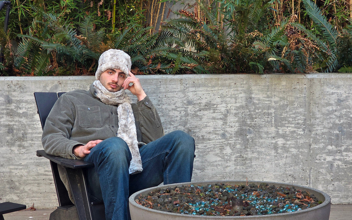 Man sitting wearing Classic Scarf |  Luxury Faux Fur Cafè Au Lait  | Featuring a matching Cuffed Pillbox | Handmade in Seattle WA USA | By Pandemonium  