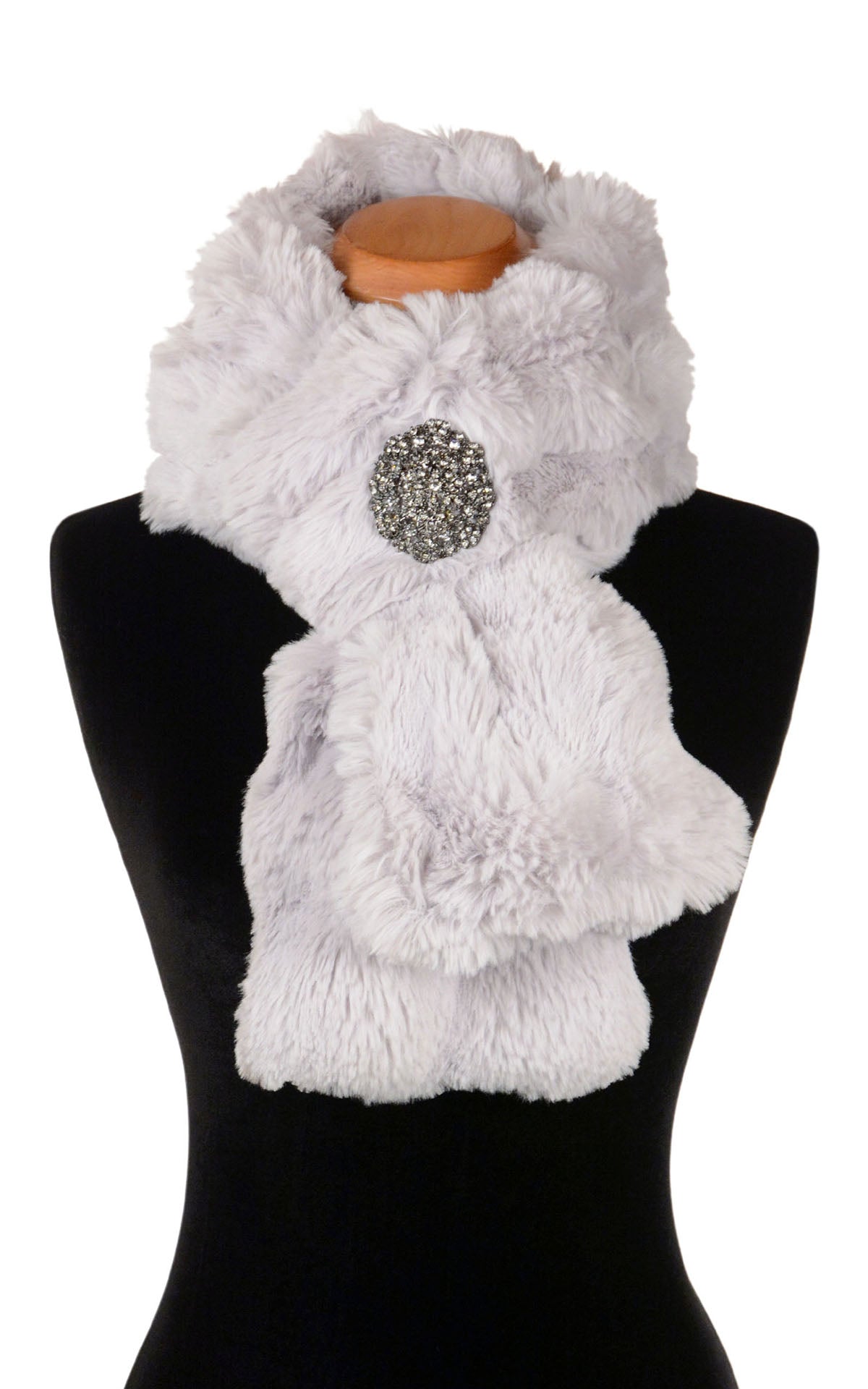 Classic Scarf in Enchanted Dreams faux fur in Fairy Dust with rhinestone brooch. Handmade in Seattle, WA, USA.