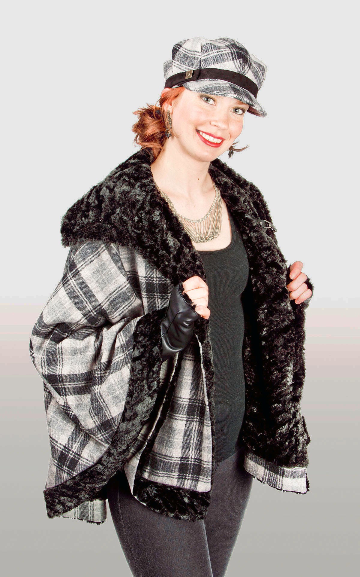 women&#39;s classic cape - twilight wool plaid lined black faux fur - handmade in seattle wa by pandemonium millinery