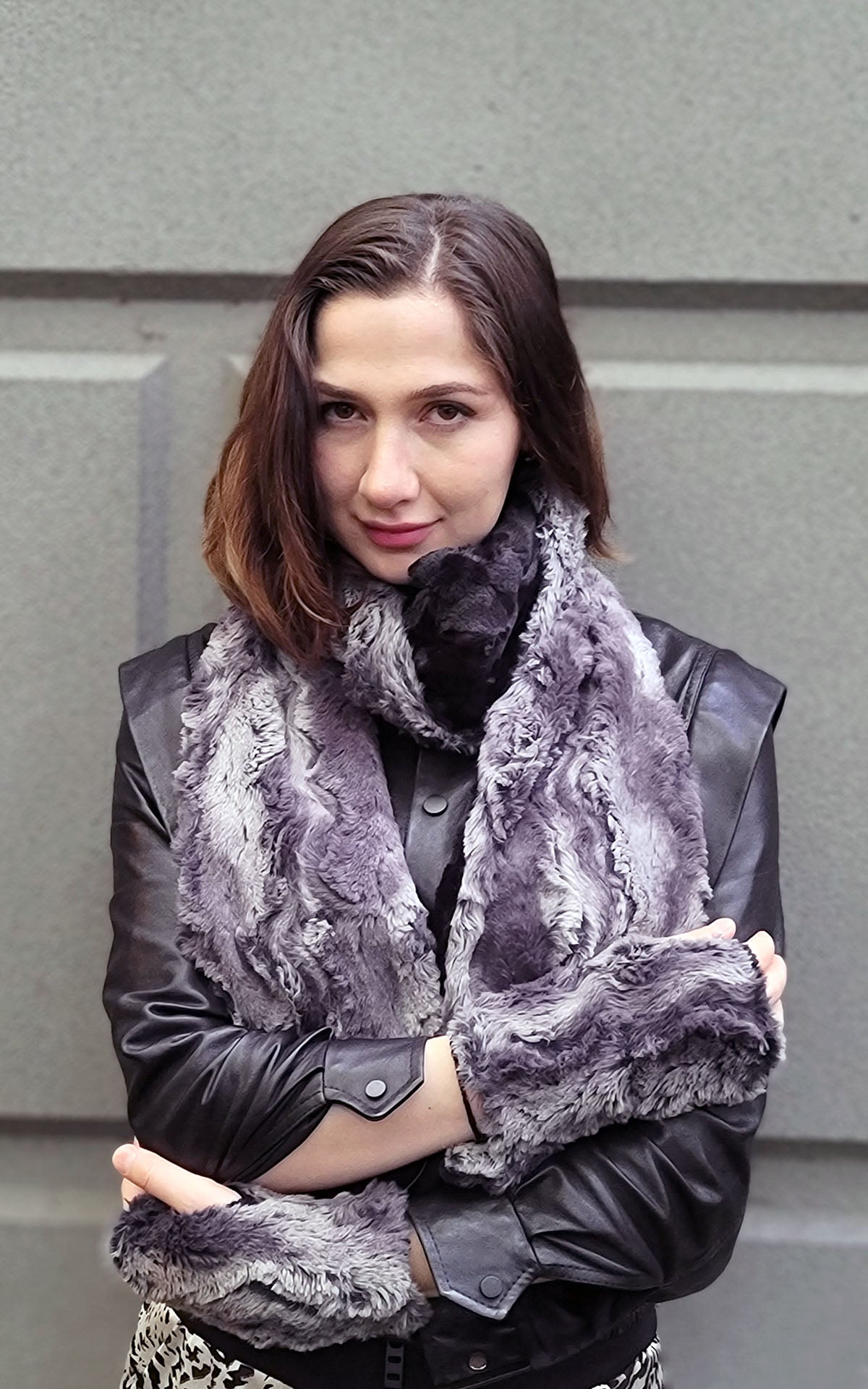 Women’s wearing Classic two-tone Scarf | Muddy Waters with cuddly black faux fur | Handmade by Pandemonium Millinery Seattle, WA USA