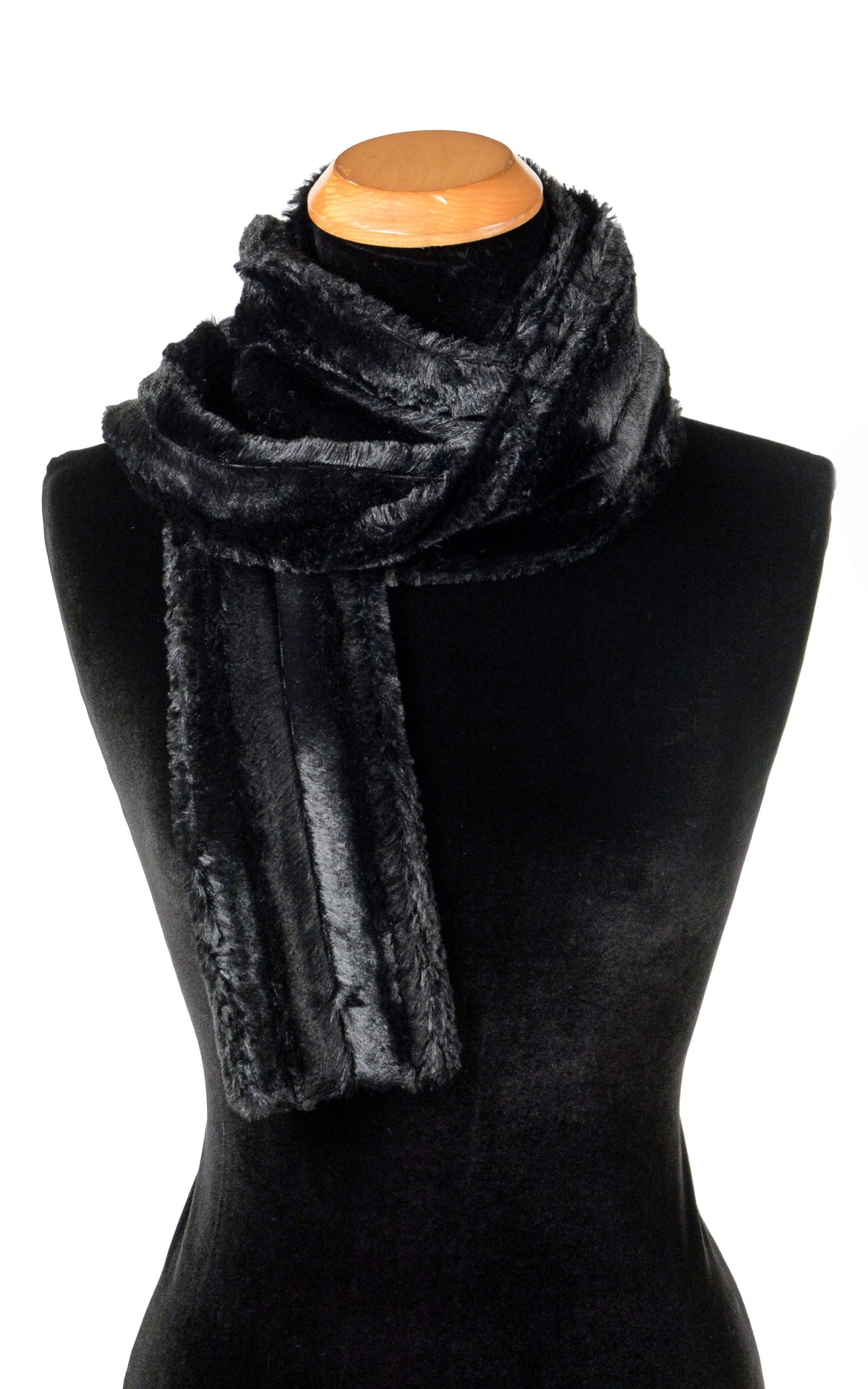 Product shot of Skinny Scarf Minky  Black on mannequin | Cuddly Faux Fur | Handmade in Seattle WA Pandemonium Millinery