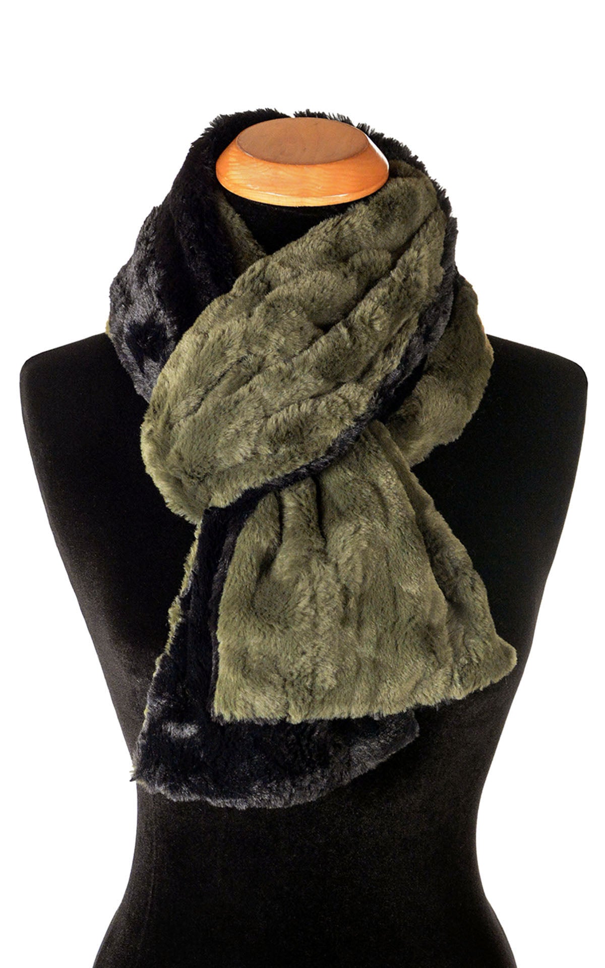 Product shot of Classic Women’s Scarf on Mannequin | Cuddly Faux Fur in Army Green with Black | Handmade in Seattle WA Pandemonium Millinery