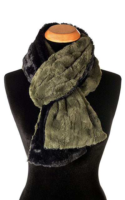 Product shot of Classic Men’s Scarf on Mannequin | Cuddly Faux Fur in Army Green with Black | Handmade in Seattle WA Pandemonium Millinery