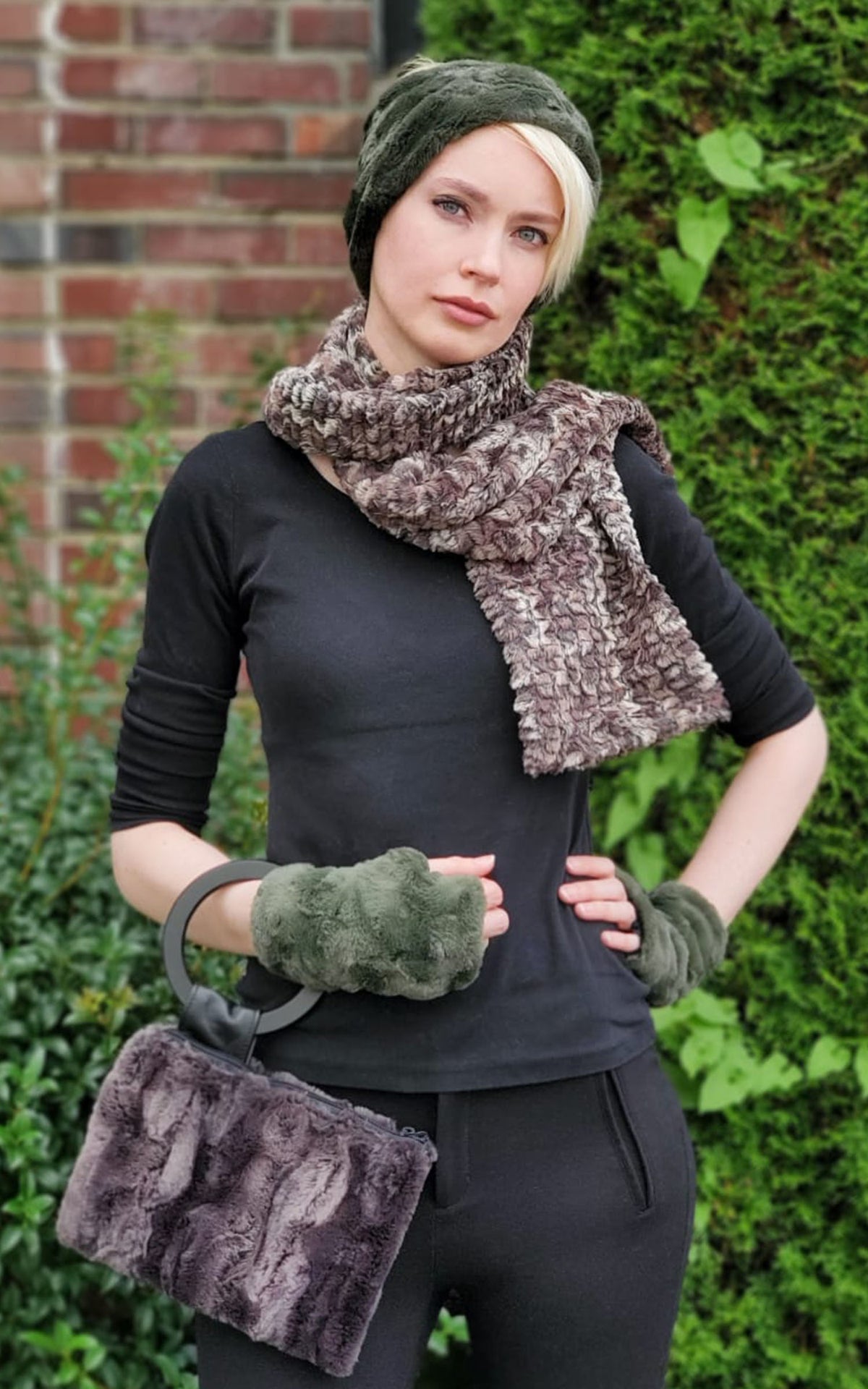 Women wearing army greed headband Paris handbag and Classic Scarf | Calico faux fur in brown crems and black | Handmade by Pandemonium Millinery Seattle, WA USA