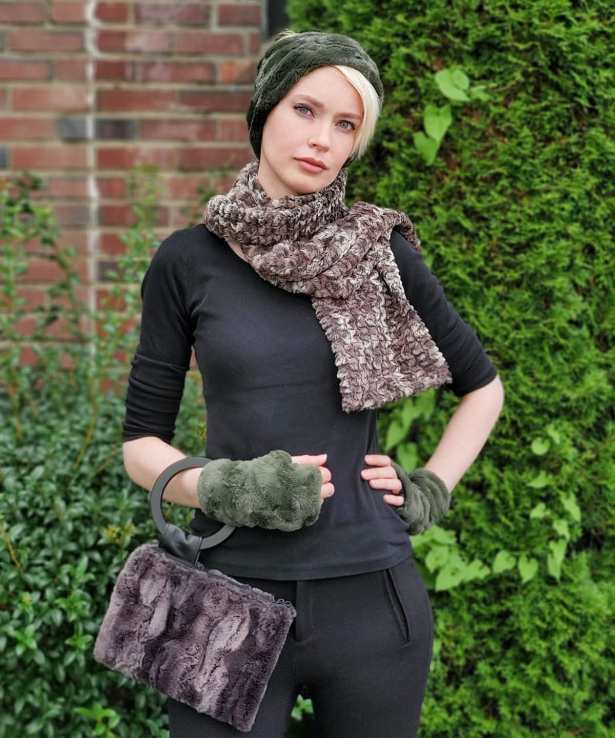 Model is wearing Fingerless in Cuddly Army Green Faux Fur and matching headband by Pandemonium Seattle. Handsewn in USA.