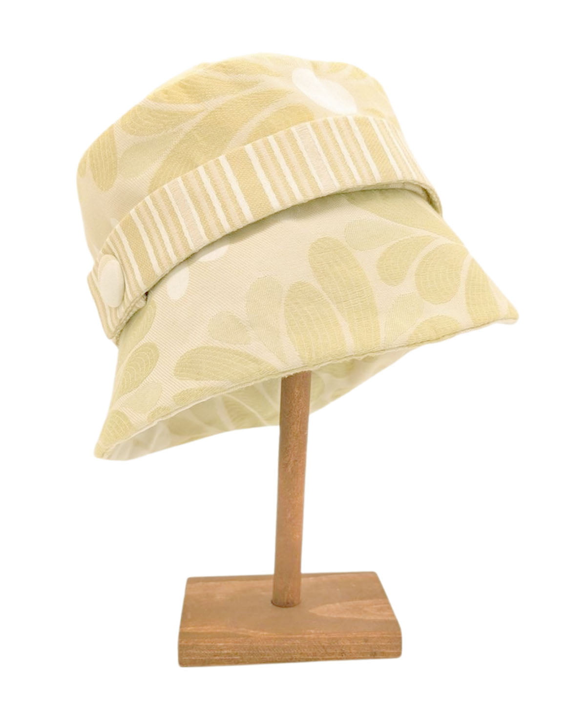 Women's Cleo Bucket Hat in Daisy Kiwi with a coordinating Kiwi Stripe Band and large button detail | Handmade in Seattle WA | Pandemonium Millinery