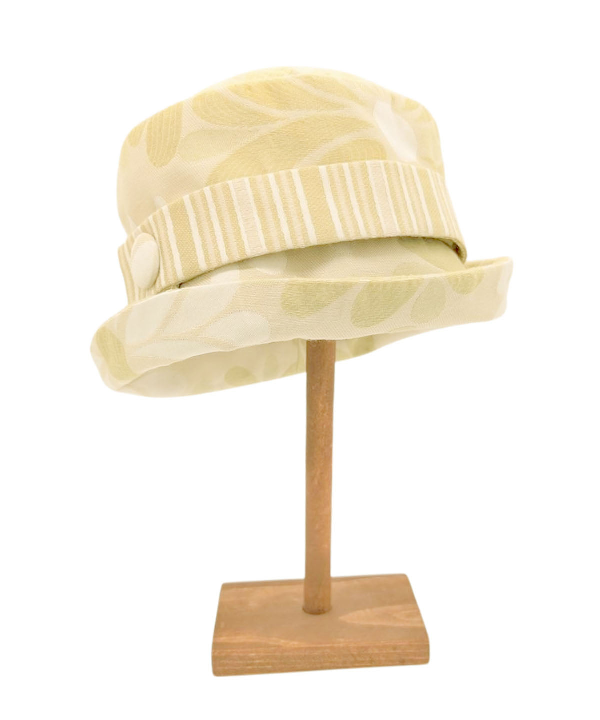 front view of Women's Cleo Bucket Hat in Daisy Kiwi with a coordinating Kiwi Stripe Band and large button detail with cuffed brim | Handmade in Seattle WA | Pandemonium Millinery