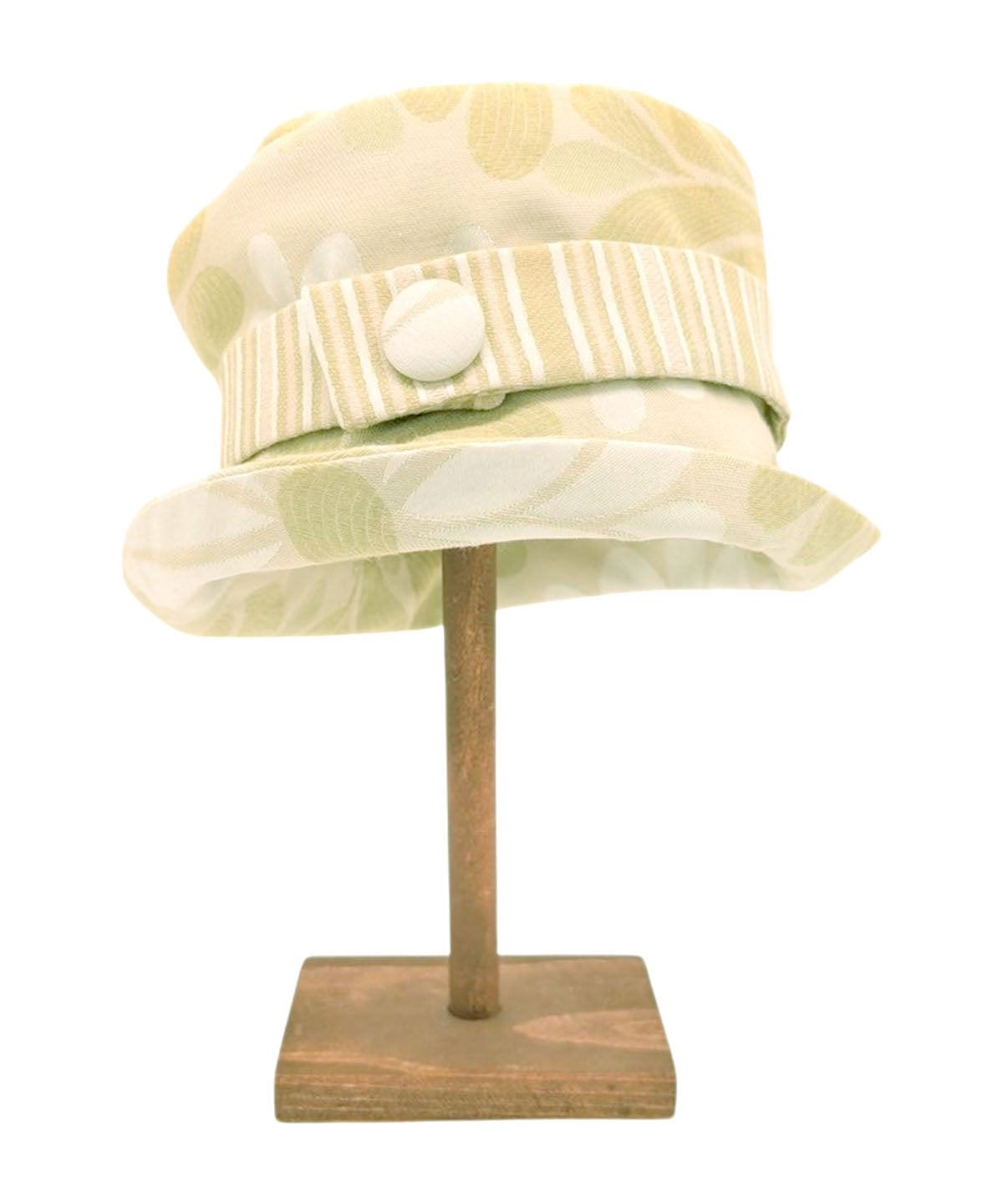 Women&#39;s Cleo Bucket Hat in Daisy Kiwi with a coordinating Kiwi Stripe Band and large button detail with cuffed brim | Handmade in Seattle WA | Pandemonium Millinery