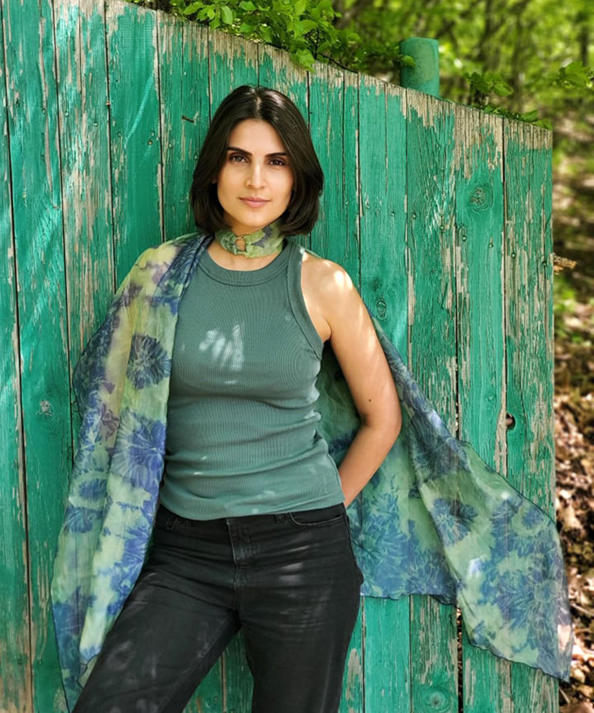 model wearing a Coastal Garden in Agave Handkerchief Scarf handmade in the USA by Pandemonium Seattle