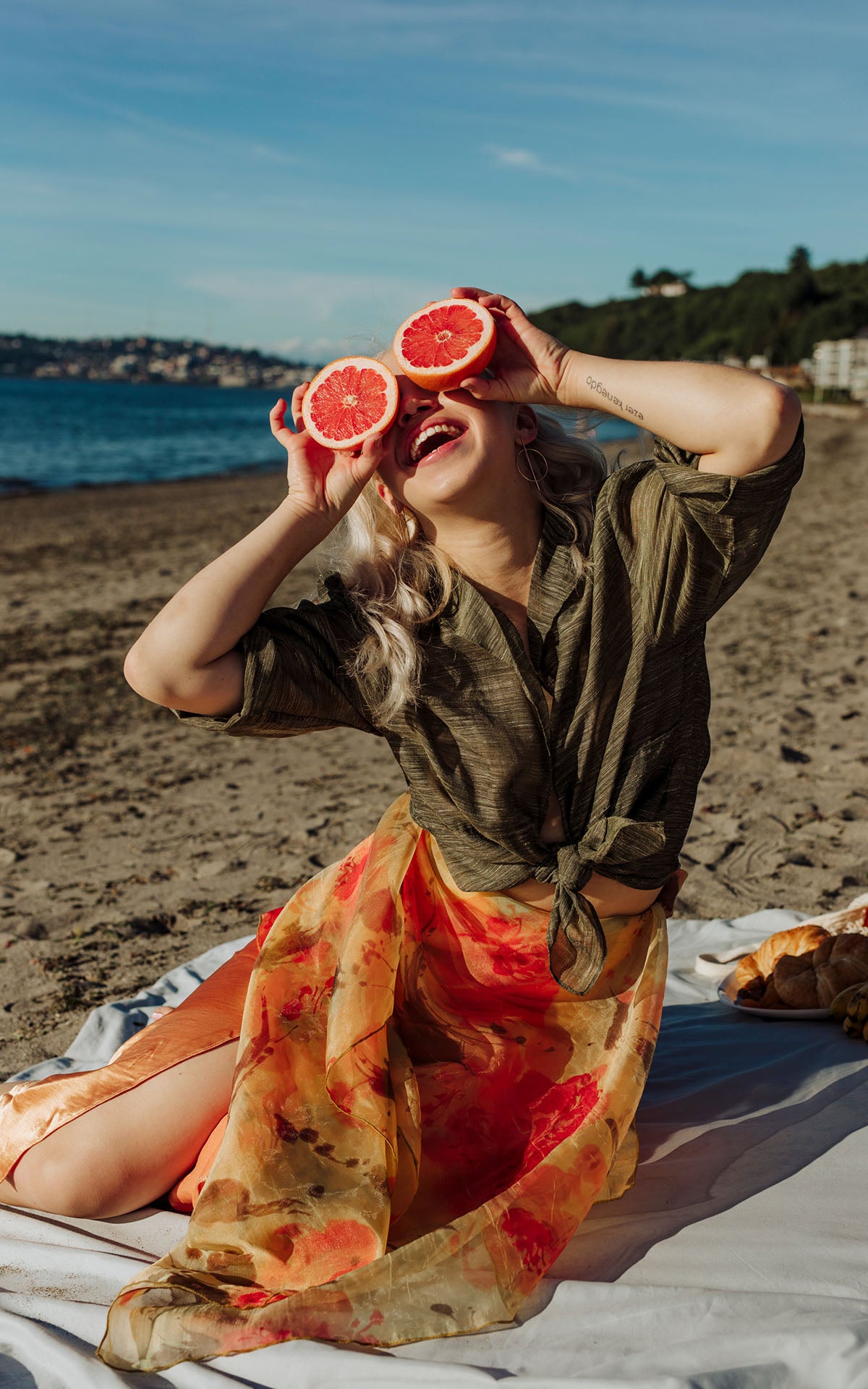 Coastal Garden Wrap in Sun Star Model Shot Fun | Handmade in Seattle WA | Pandemonium Millinery