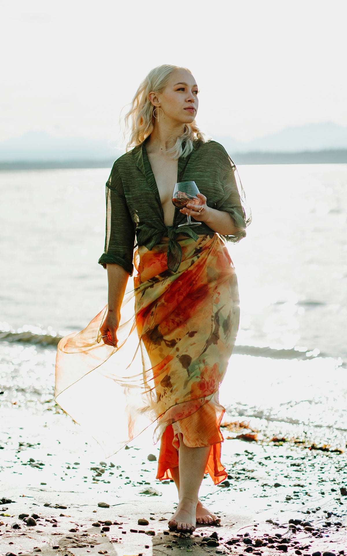 Coastal Garden Wrap in Sun Star Model Shot in Sun Light | Handmade in Seattle WA | Pandemonium Millinery