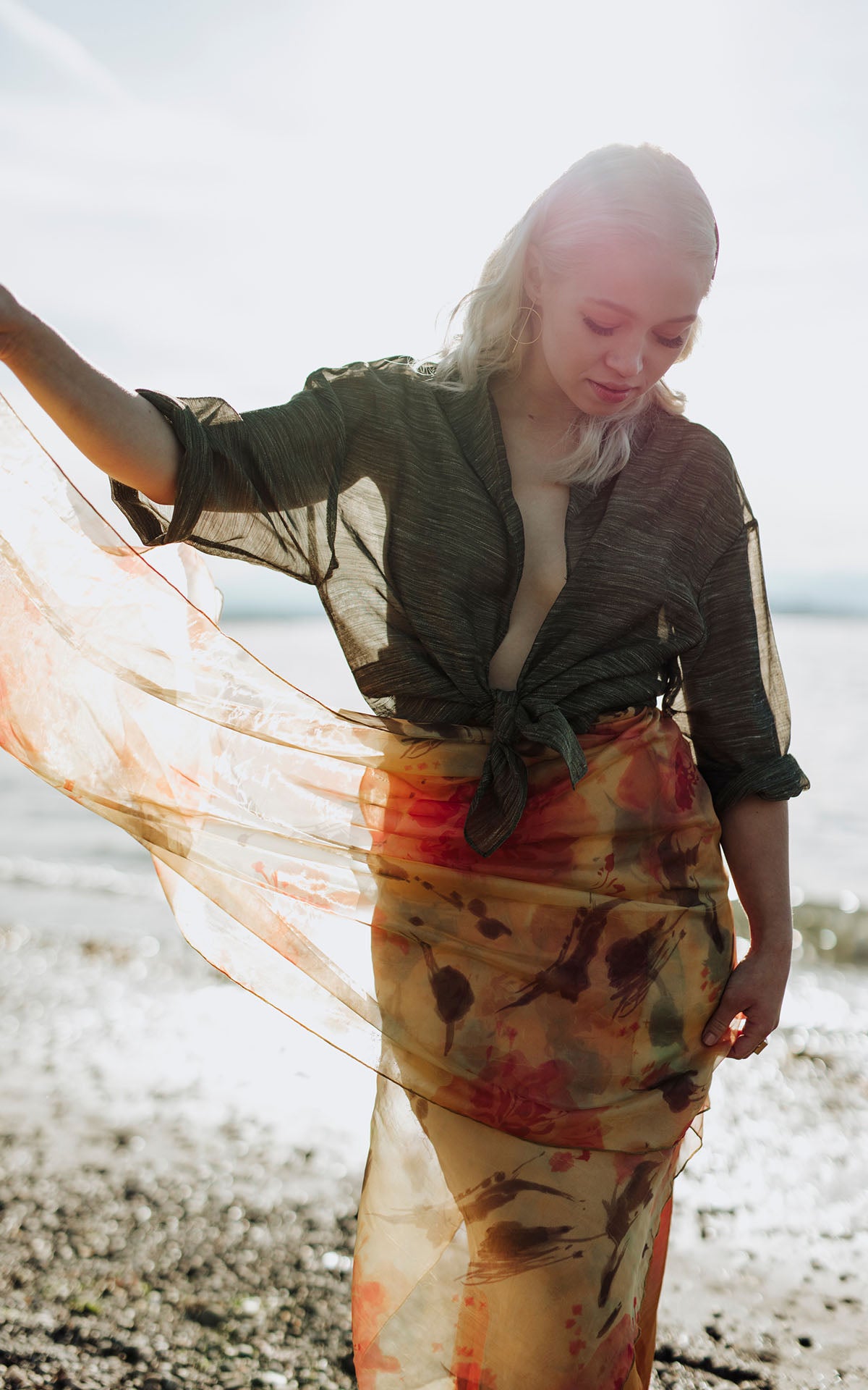 Coastal Garden Wrap in Sun Star Model Shot in Sun Light | Handmade in Seattle WA | Pandemonium Millinery