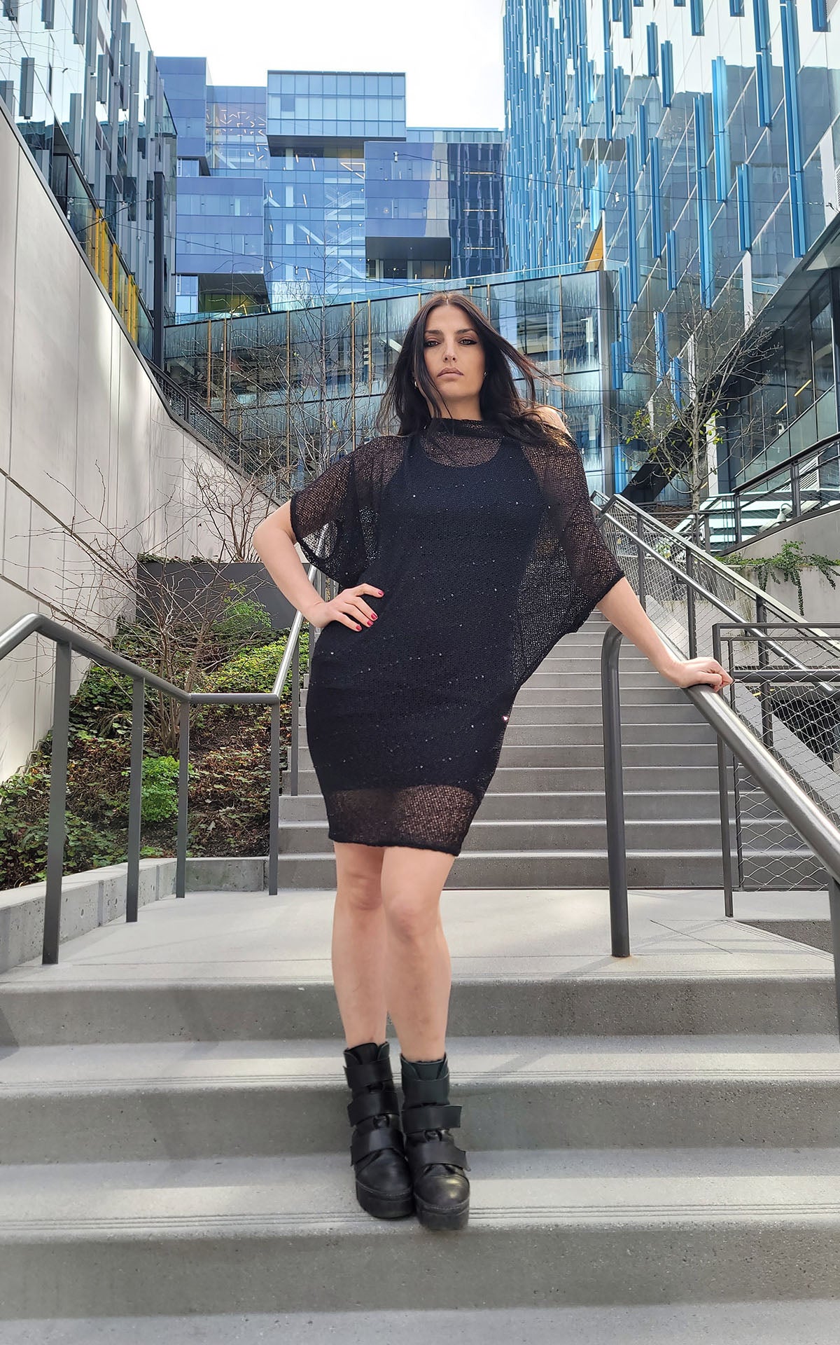 woman wearing cocoon tunic dress in black glitzy glam handmade by LYC x Pandemonium in Seattle, WA, USA