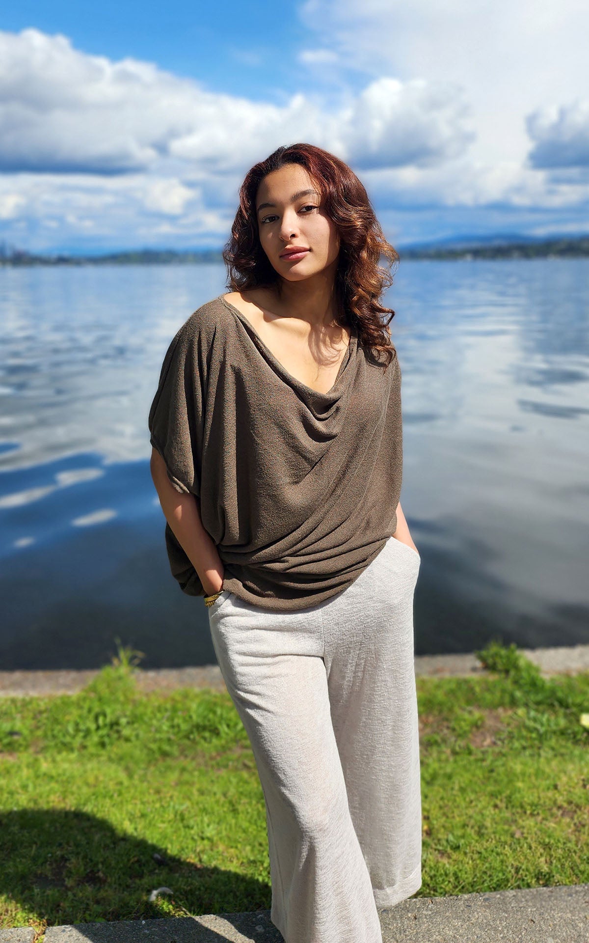 woman wearing cocoon tunic top in mezcal desert crepe with sandstone gaucho pants handmade by LYC x Pandemonium in Seattle, WA, USA