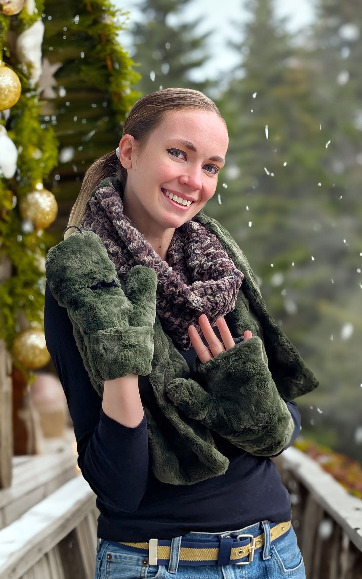 Women’s model shot of the Color Block Scarf | Army Green with Calico, Browns Creams and Blacks | Handmade in Seattle WA Pandemonium Millinery