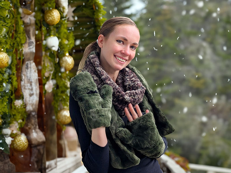 Women’s model shot of Mittens. Gauntlets, Mitts | Army Green faux fur | Handmade by Pandemonium Millinery Seattle, WA USA