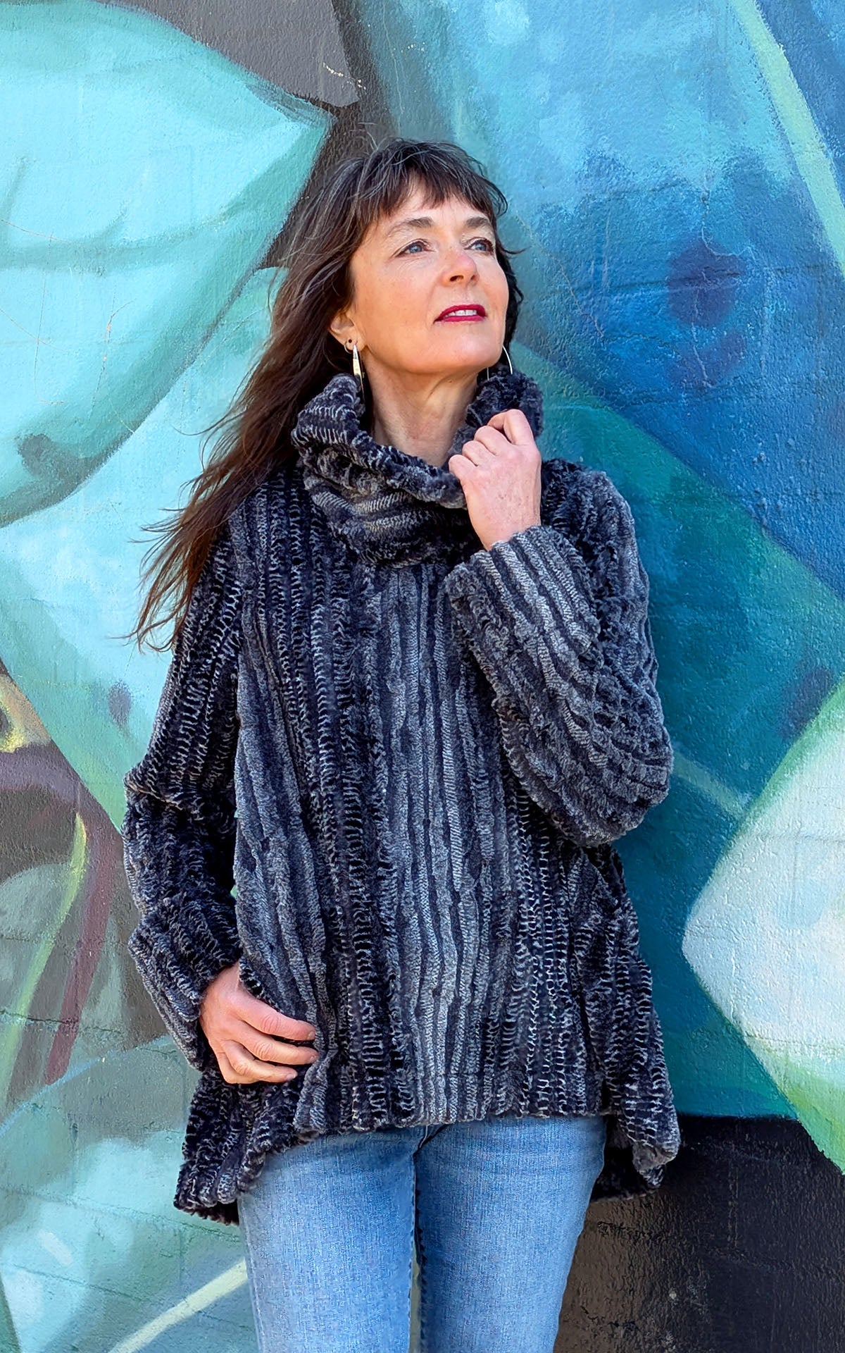 Woman wearing a Cowl Pullover Tunic | Luxury Faux Fur in Rattle N Shake| Seattle, WA USA