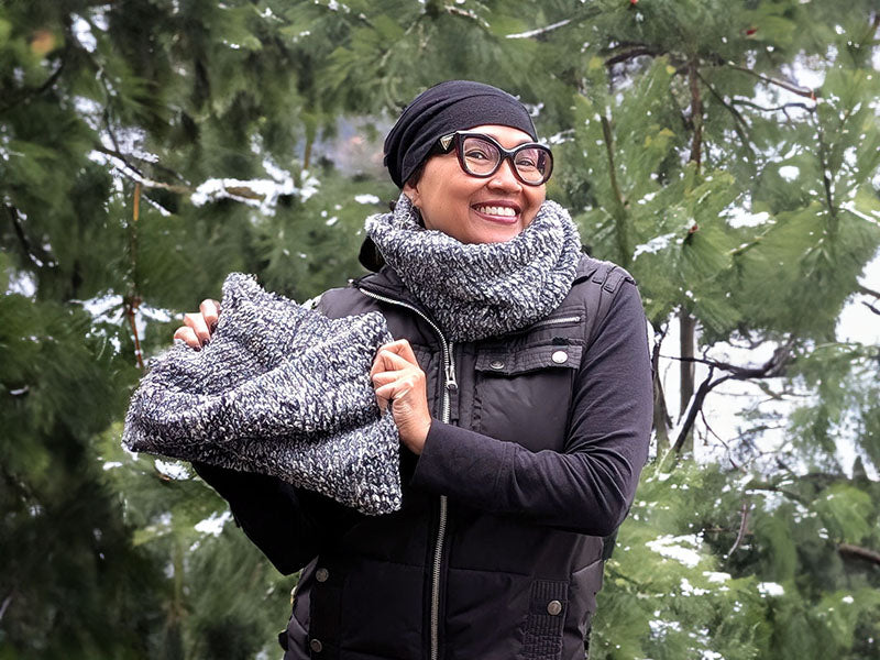 Women wearing Neck Warmer | Cozy Cable Black and White Faux Fur | By Pandemonium Seattle | Handmade in Seattle, WA