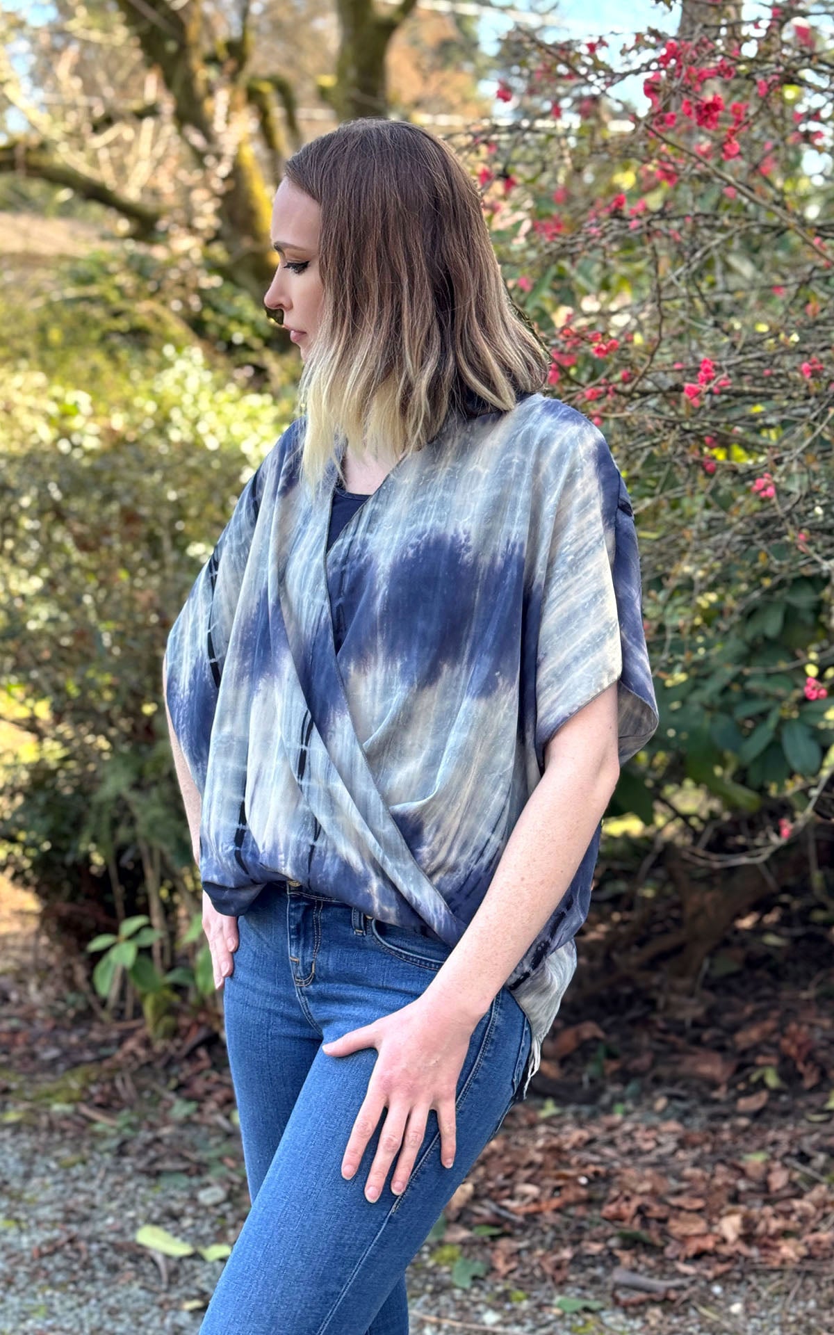 Model wearing Cross Over Top in Blue Tea from LYC. LYC by Pandemonium is handmade in Seattle, WA, USA.