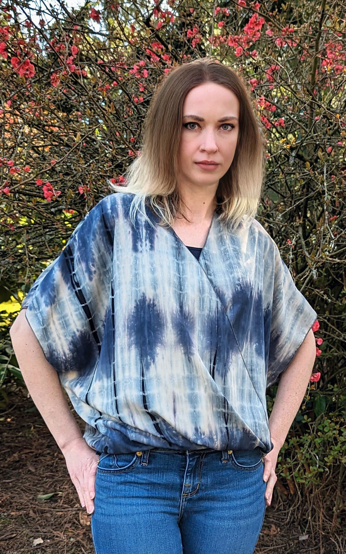 Model wearing Cross Over Top in Blue Tea from LYC. LYC by Pandemonium is handmade in Seattle, WA, USA.
