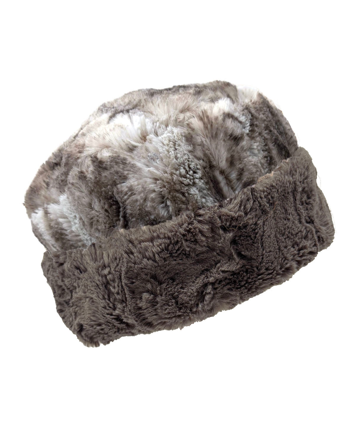 Two-Tone Cuffed Pillbox in Luxury Rusty Rock Faux Fur and Cuddly Taupey on the reverse side. Shown with  Rusty Rock Faux Fur and Cuddly Taupey on cuff. Made in Seattle, WA, USA by Pandemonium Seattle.