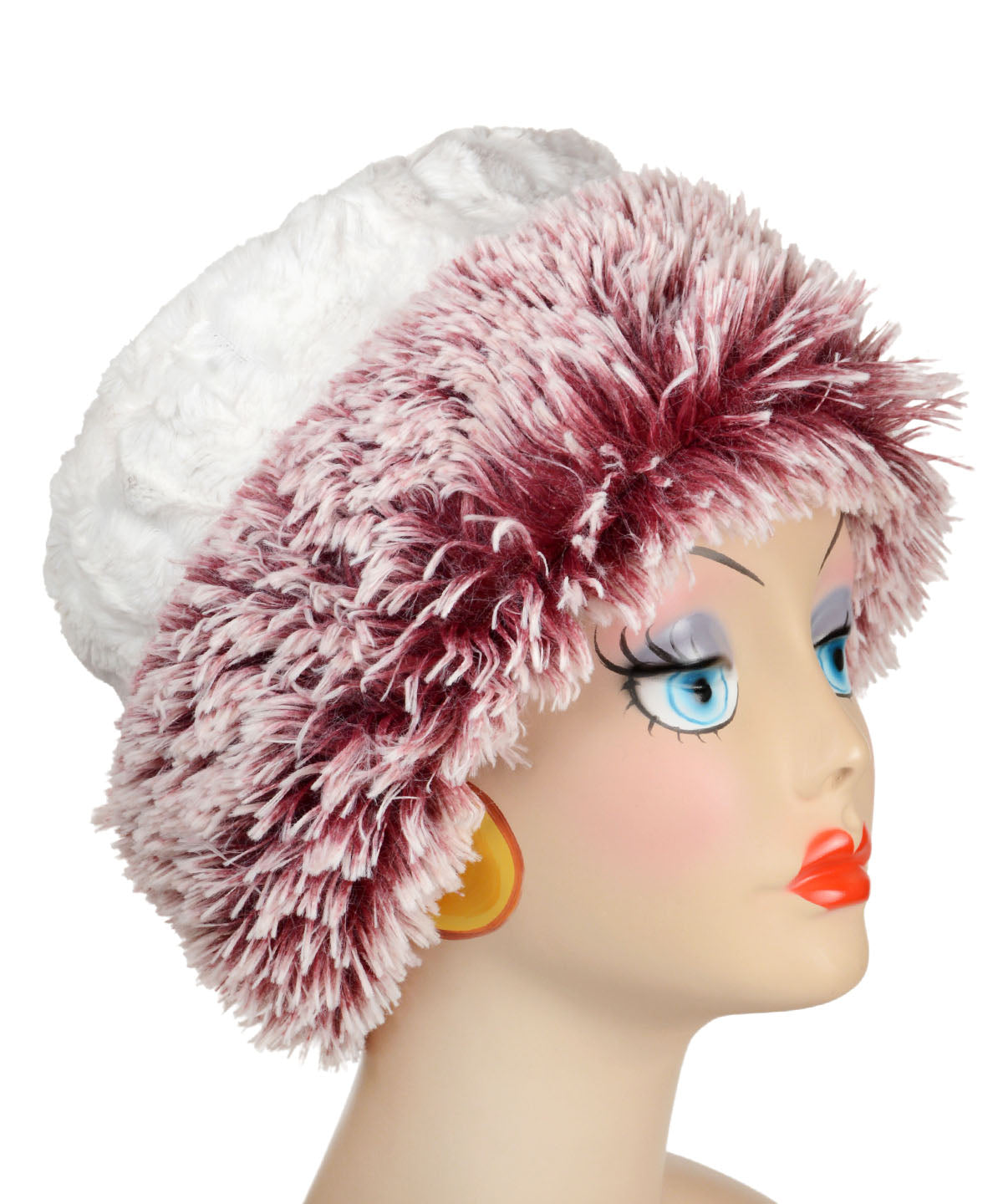Product shot in Cuffed Pillbox Hat Berry Fox with Cuddly Faux Fur in Ivory