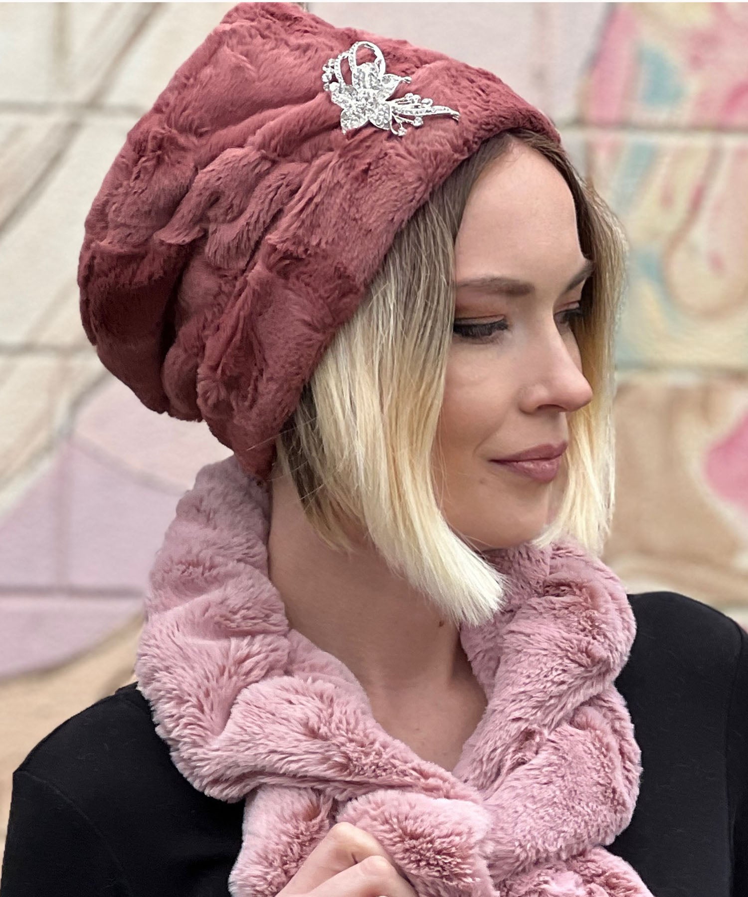 Model wearing Cuffed Pillbox in Copper River faux fur by Pandemonium Millinery handmade in Seattle WA