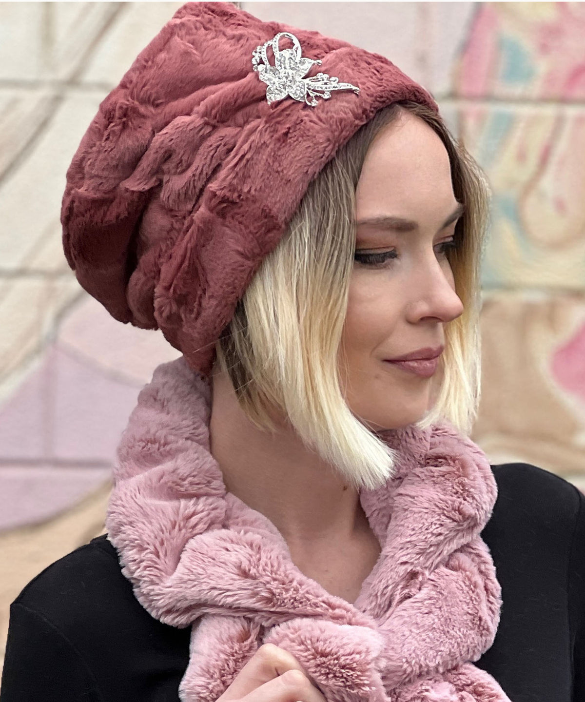 Model wearing Cuffed Pillbox in Copper River faux fur by Pandemonium Millinery handmade in Seattle WA