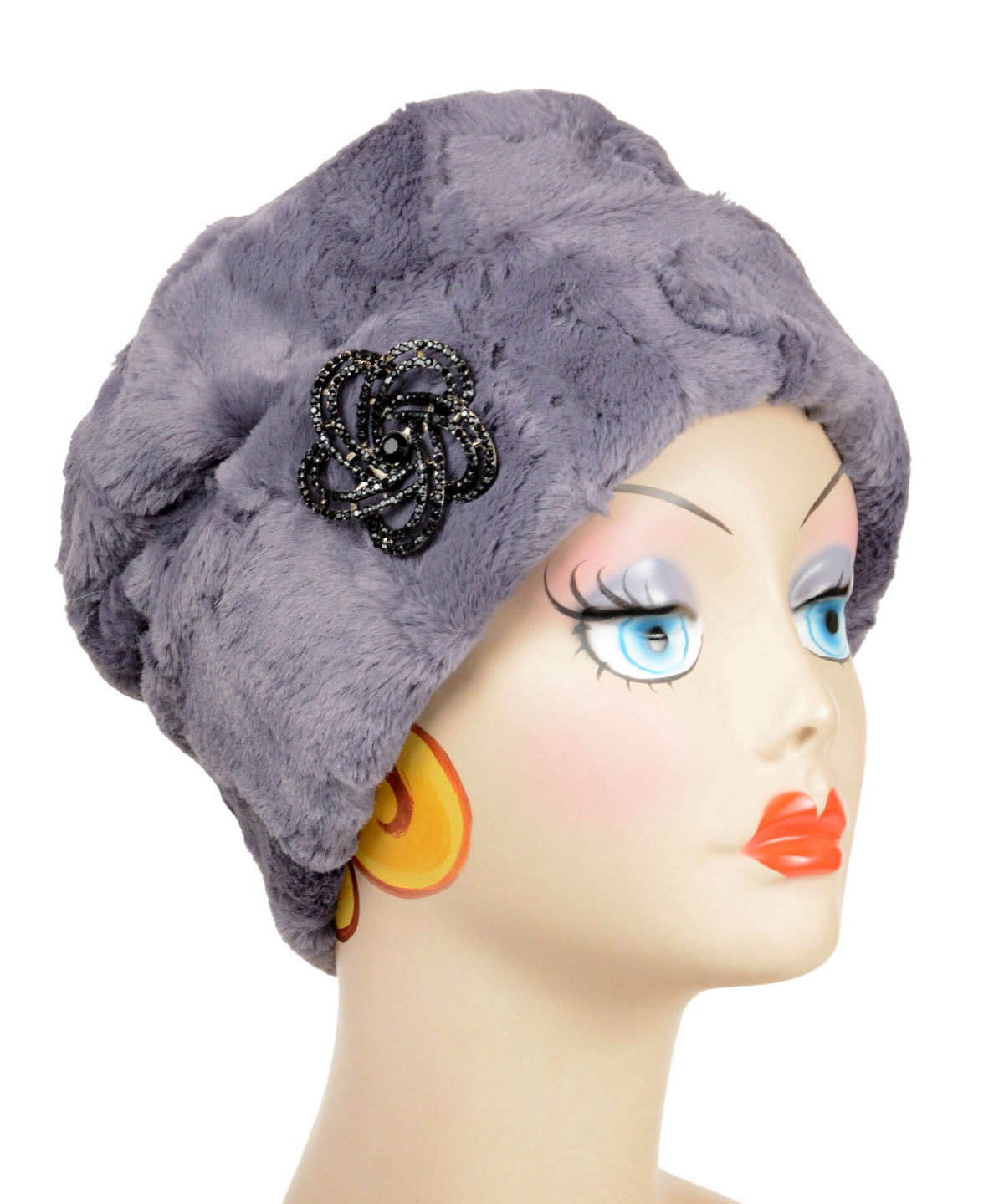 Cuffed Pillbox | Shown in Luxury Faux Fur in Cool Gray with Gray Rhinestone Flower Brooch| Handmade By Pandemonium | Seattle Wa USA