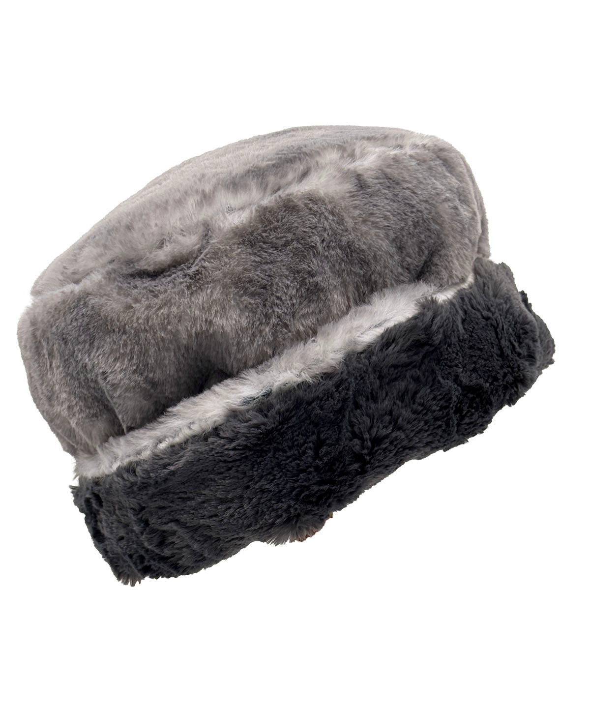 Two-Tone Cuffed Pillbox in Luxury Coastal Plush Faux Fur in Olympic Fog and Cuddly Smoky. Shown with the cuff turned up to show Cuddly Smoky Faux Fur. Made in Seattle, WA, USA by Pandemonium Seattle.