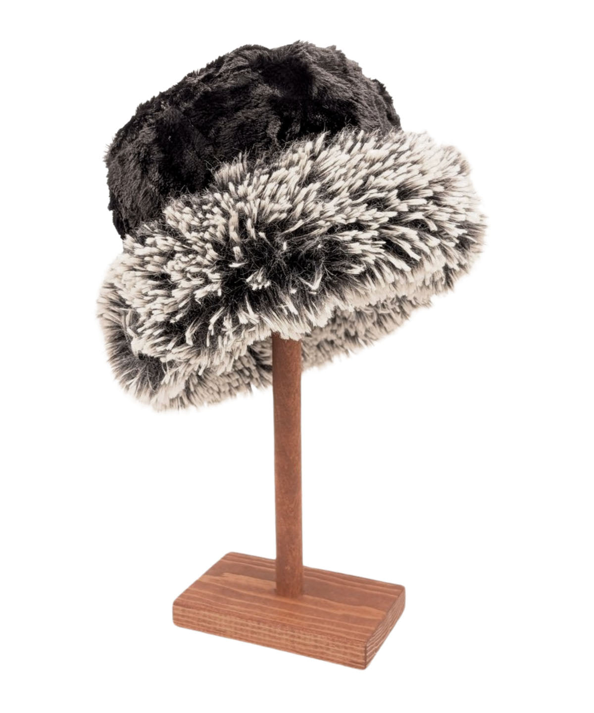 Cuffed Pillbox | Silver Tip Fox in Black with Cuddly Black | Shown On  Wood  Hat Stand | Handmade in Seattle WA USA | By Pandemonium Seattle