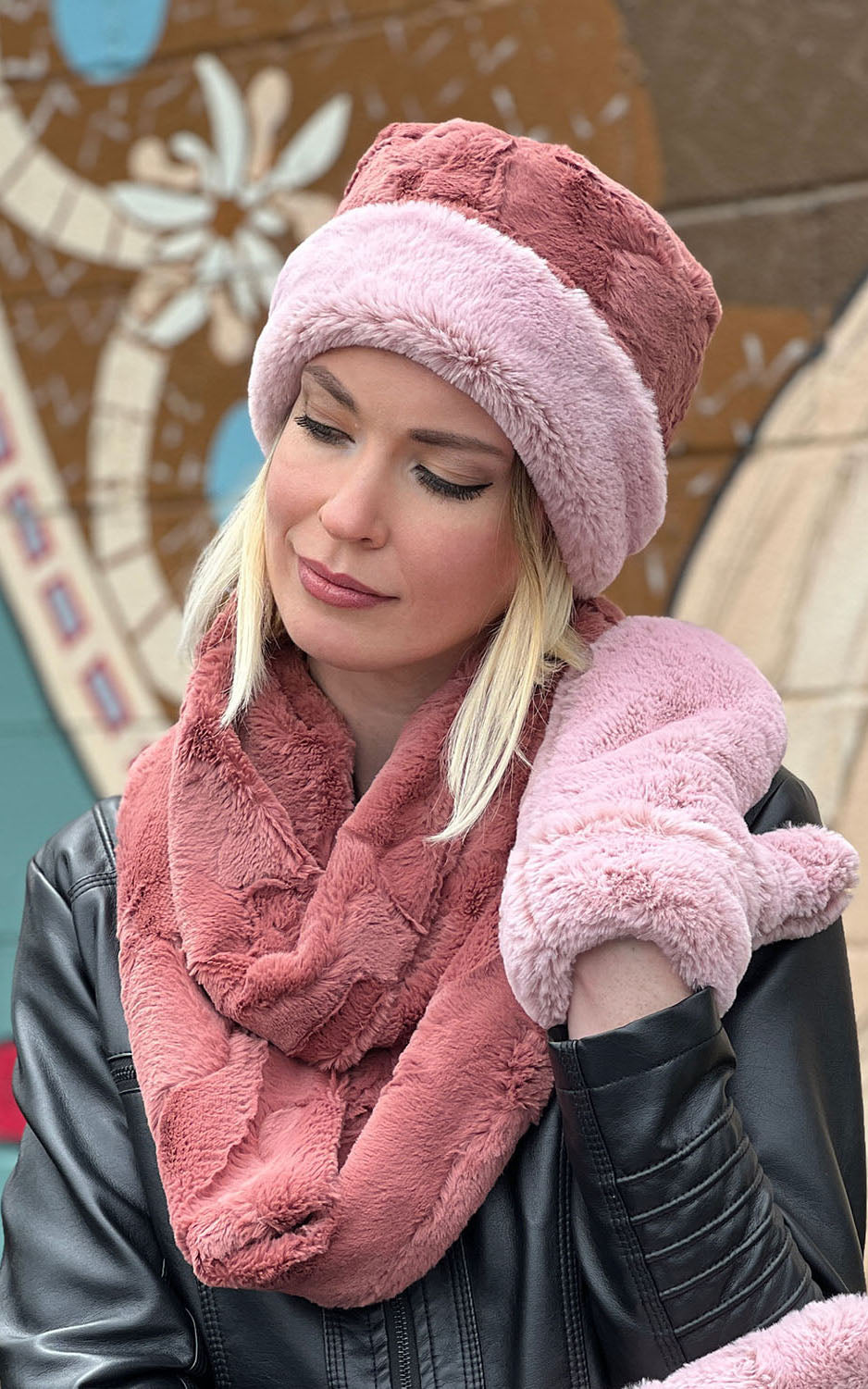 Model is wearing Infinity Scarf in Cuddly Faux Fur in Copper River with Frosted Cedar Faux Fur Mittens and Cuffed Pillbox by Pandemonium Seattle